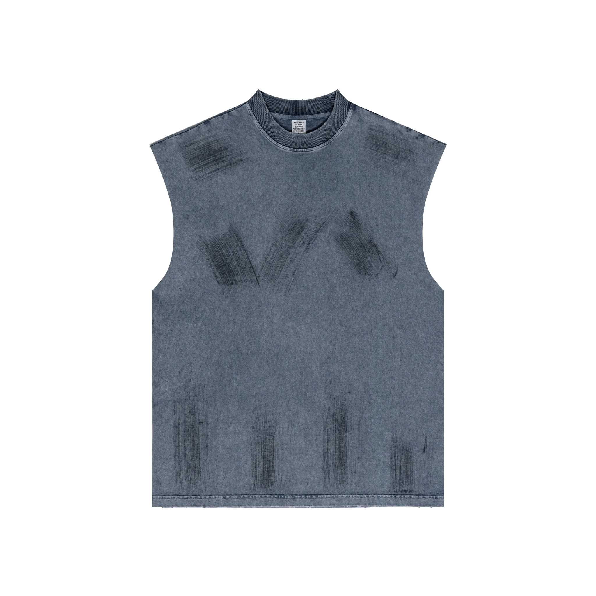 Blue sleeveless shirt with patchwork design on a white background