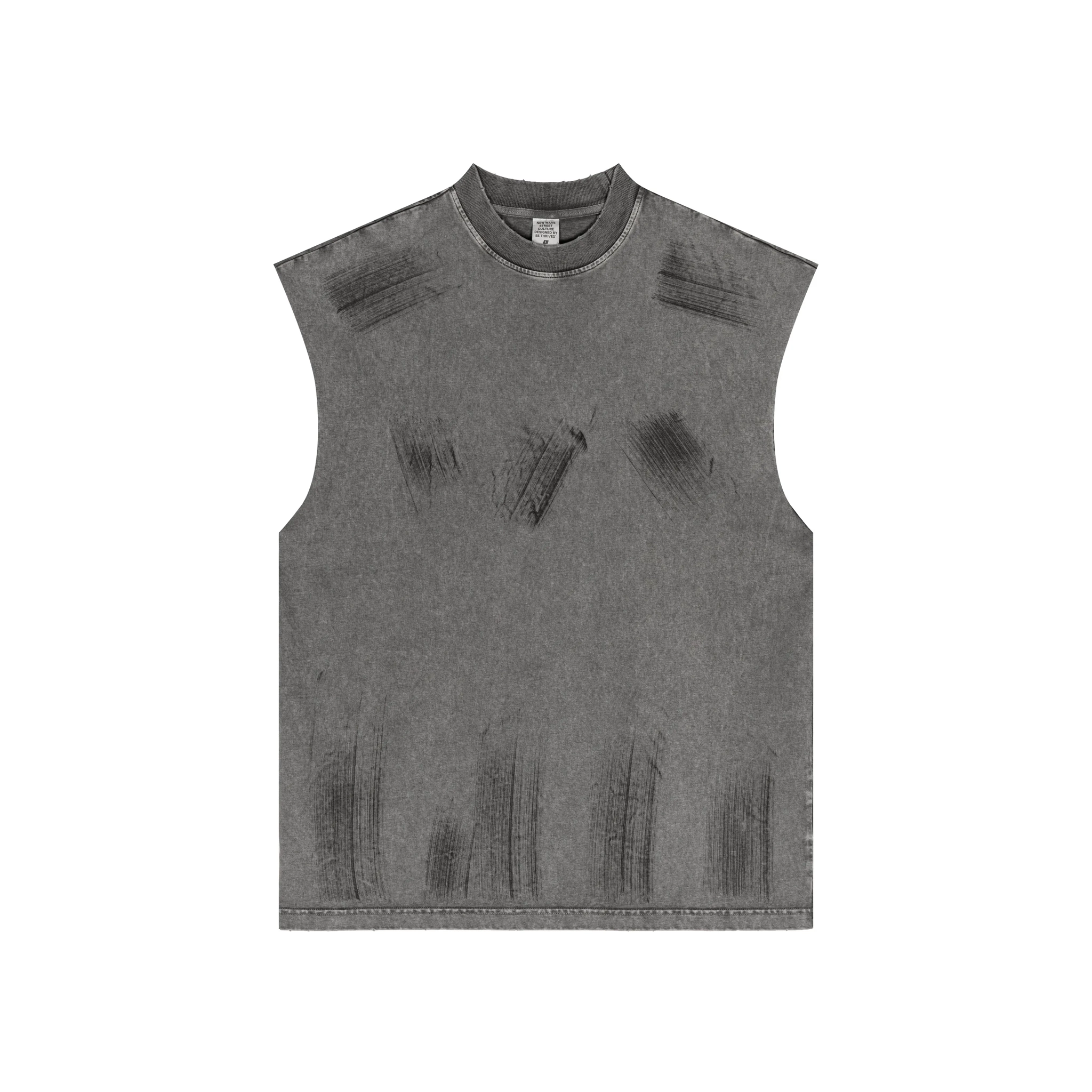 Gray sleeveless shirt with distressed patches on a white background