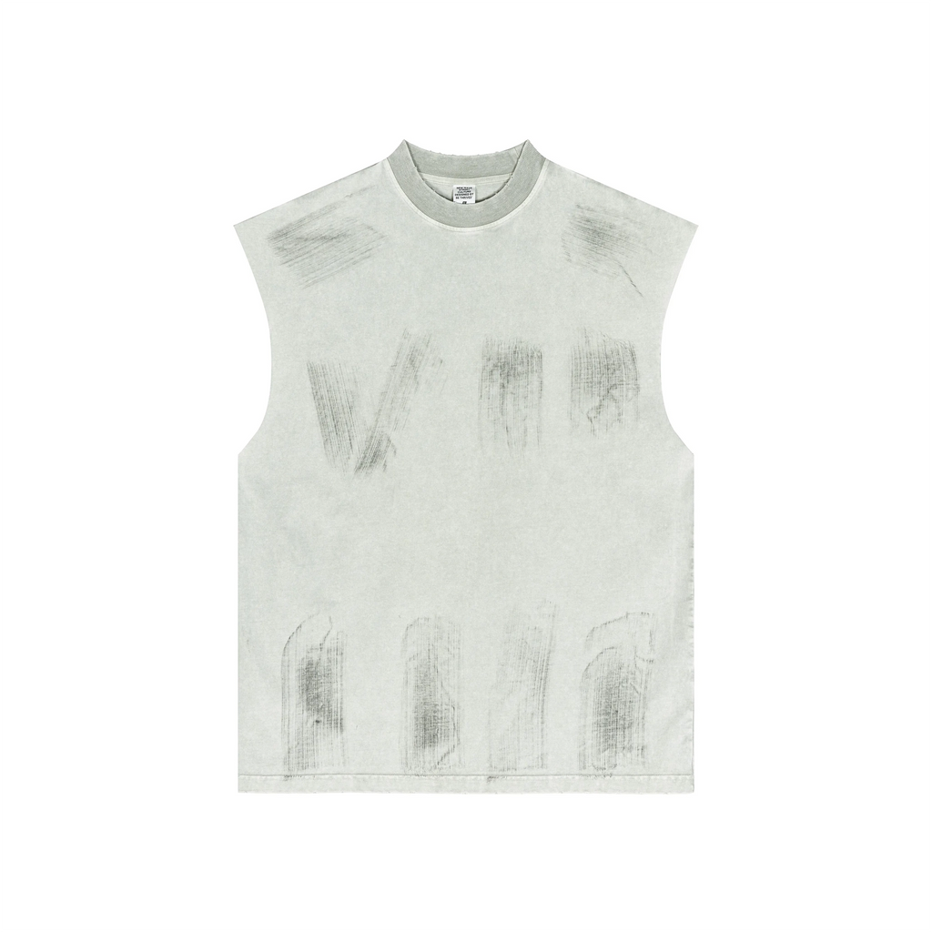 Light gray sleeveless top with distressed design on a white background
