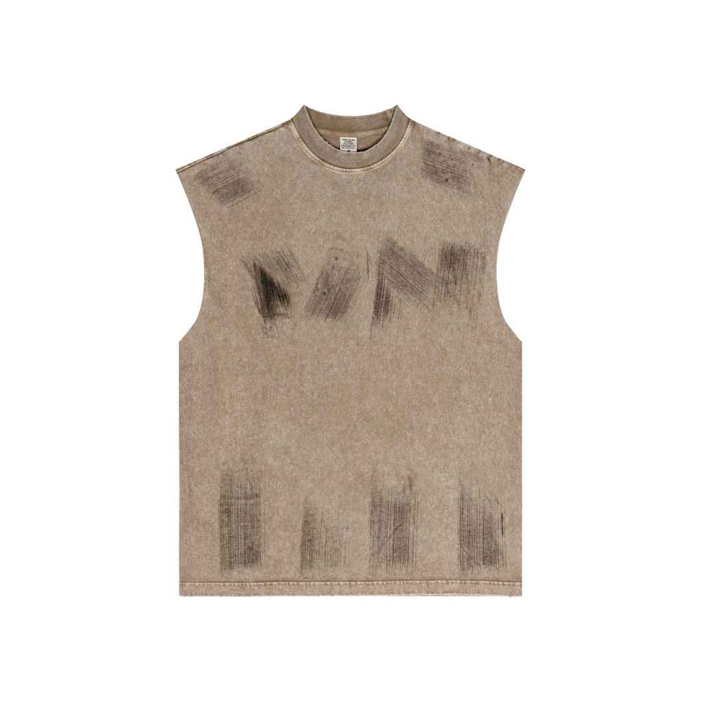 Beige sleeveless shirt with black abstract designs on a white background
