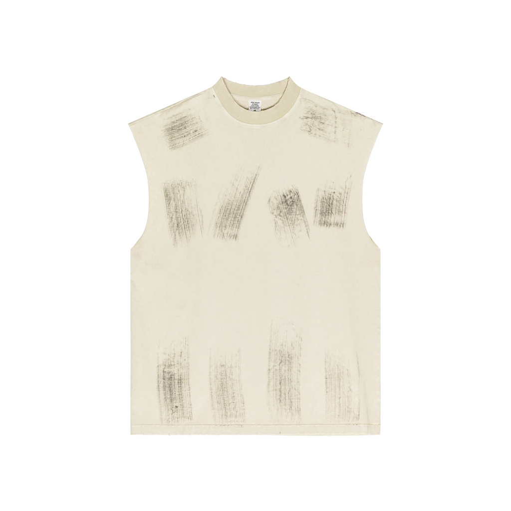 Beige sleeveless top with black abstract patterns on a white background