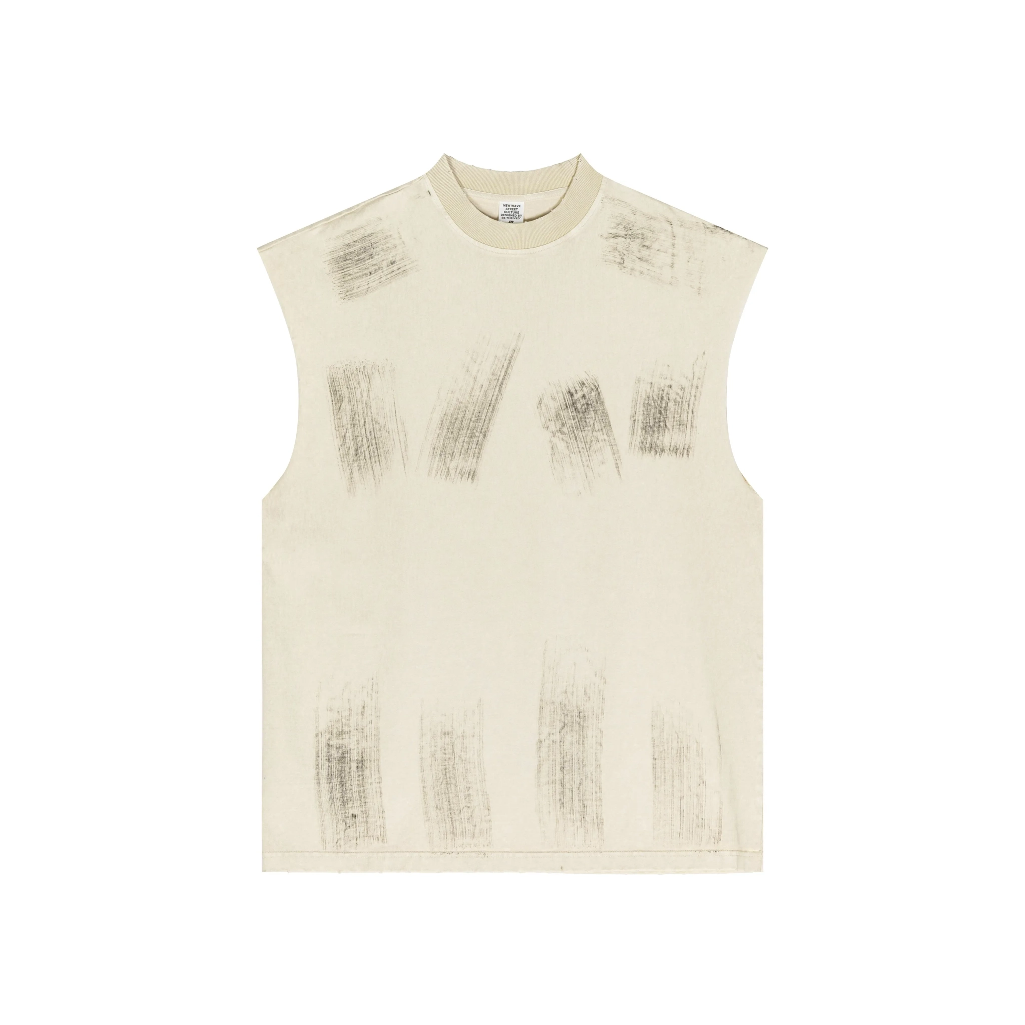 Beige sleeveless top with black abstract patterns on a white background