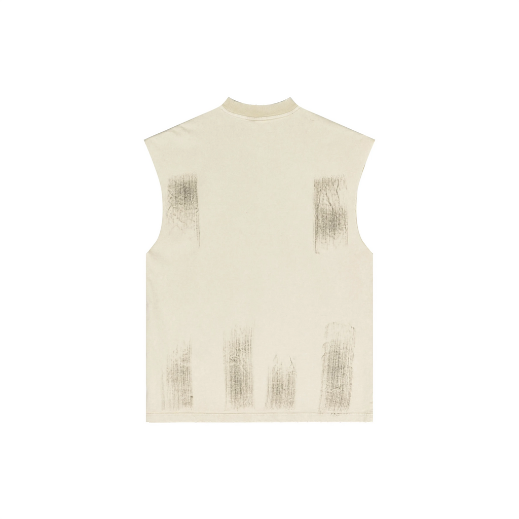 Beige sleeveless vest with textured design on a white background