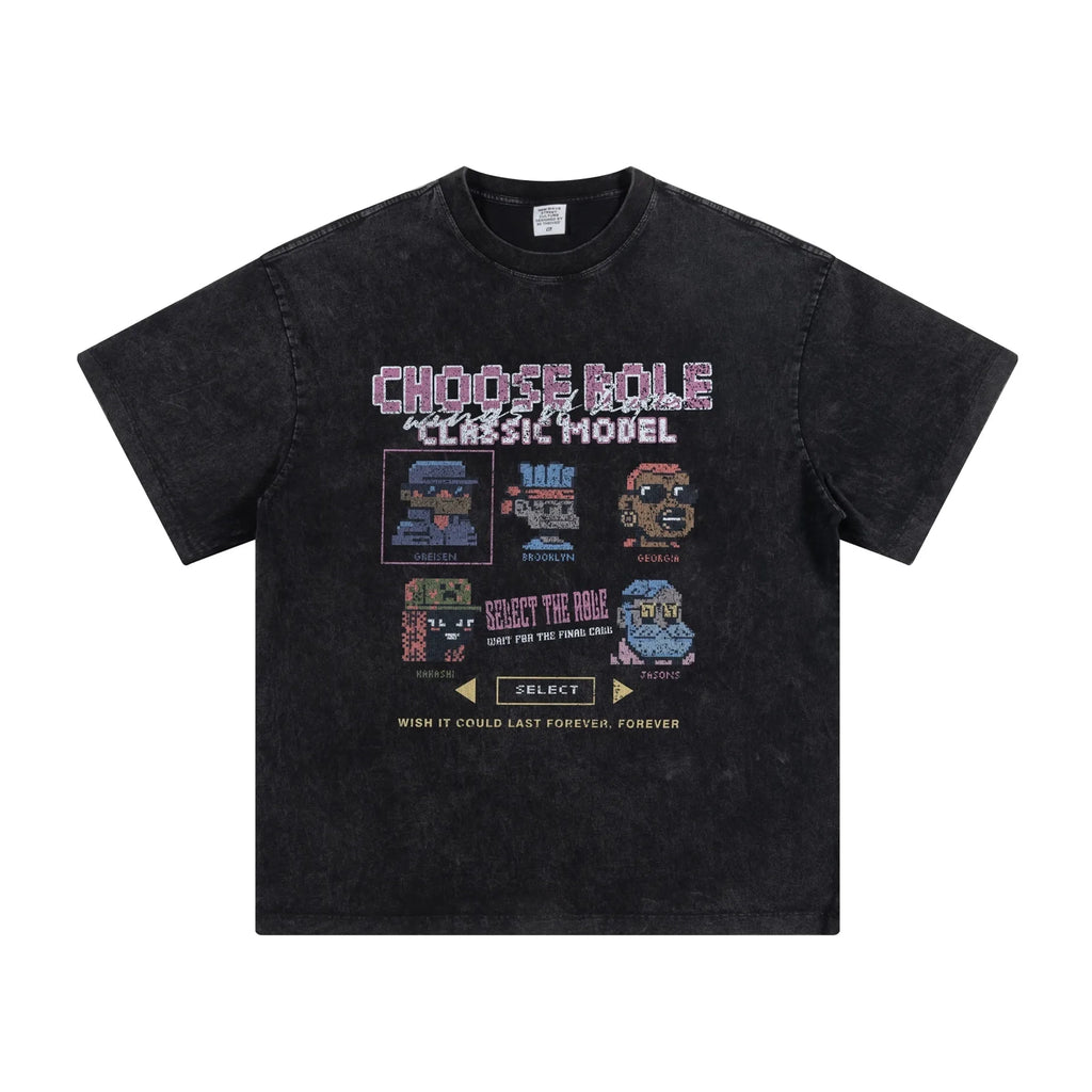 Black t-shirt with vintage video game design on a white background