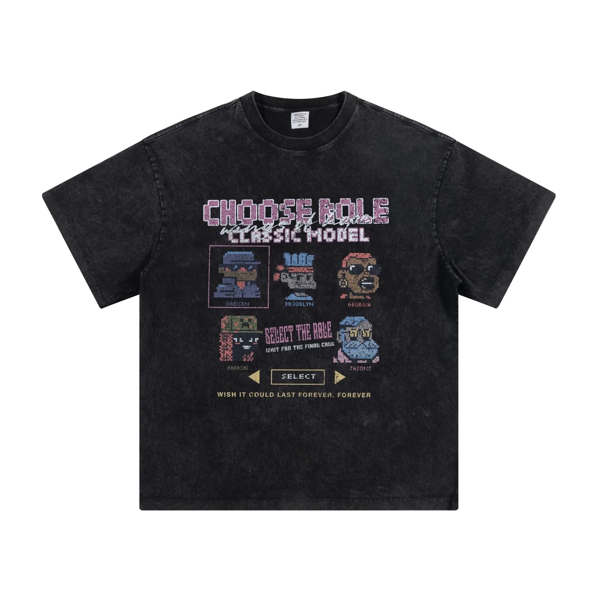 Black t-shirt with vintage video game design on a white background