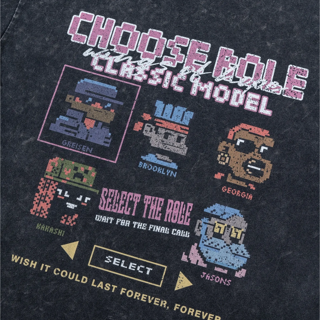 Vintage video game-themed t-shirt with character selection screen design on a dark background.