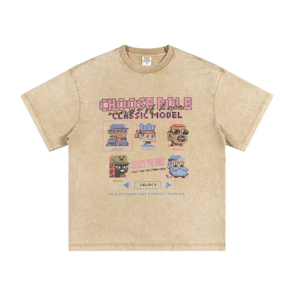 Beige t-shirt with retro video game design on a white background