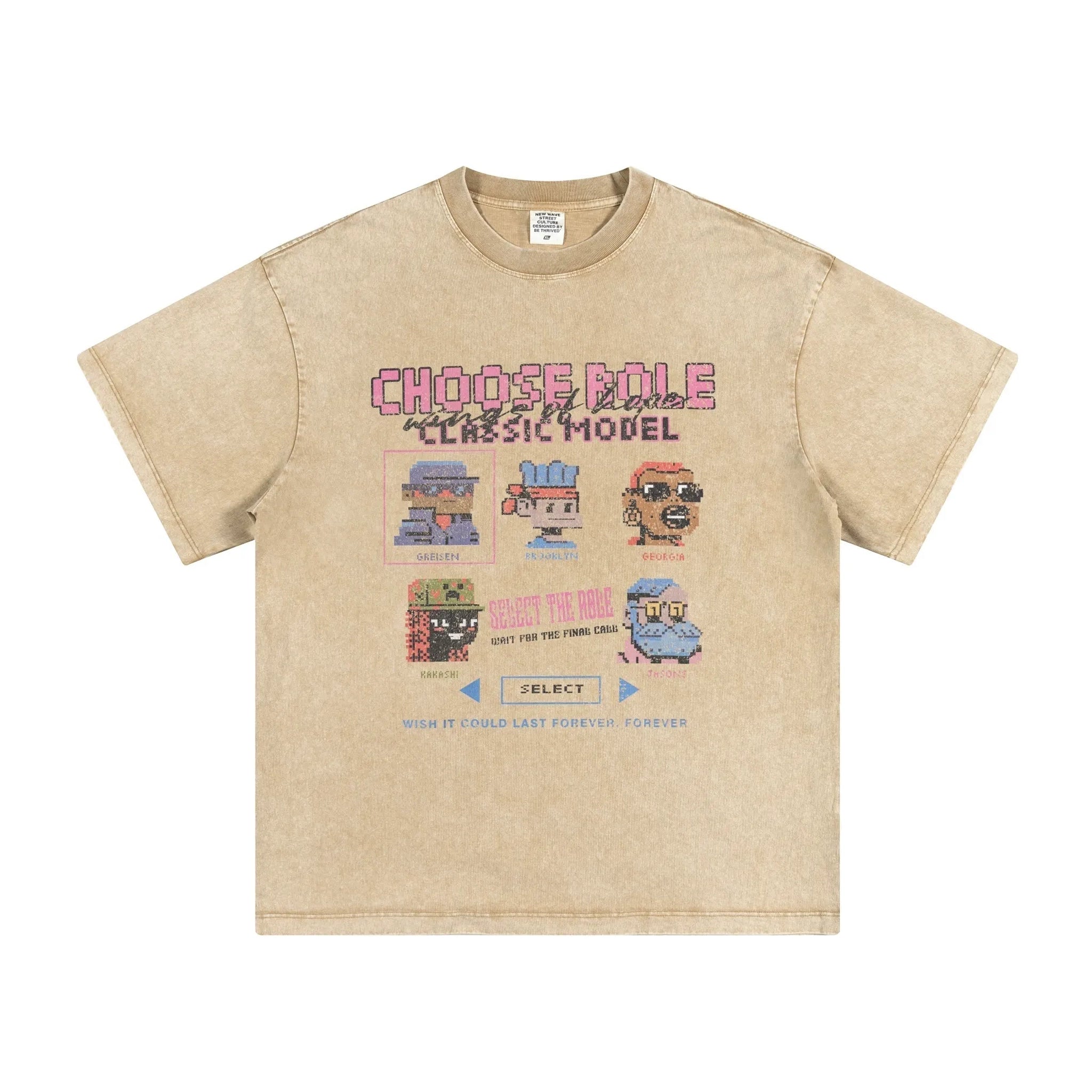 Beige t-shirt with retro video game design on a white background