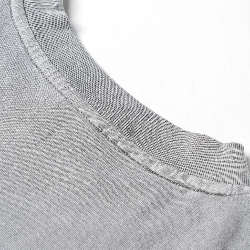 Close-up of a gray sweatshirt collar with stitching detail on a white background