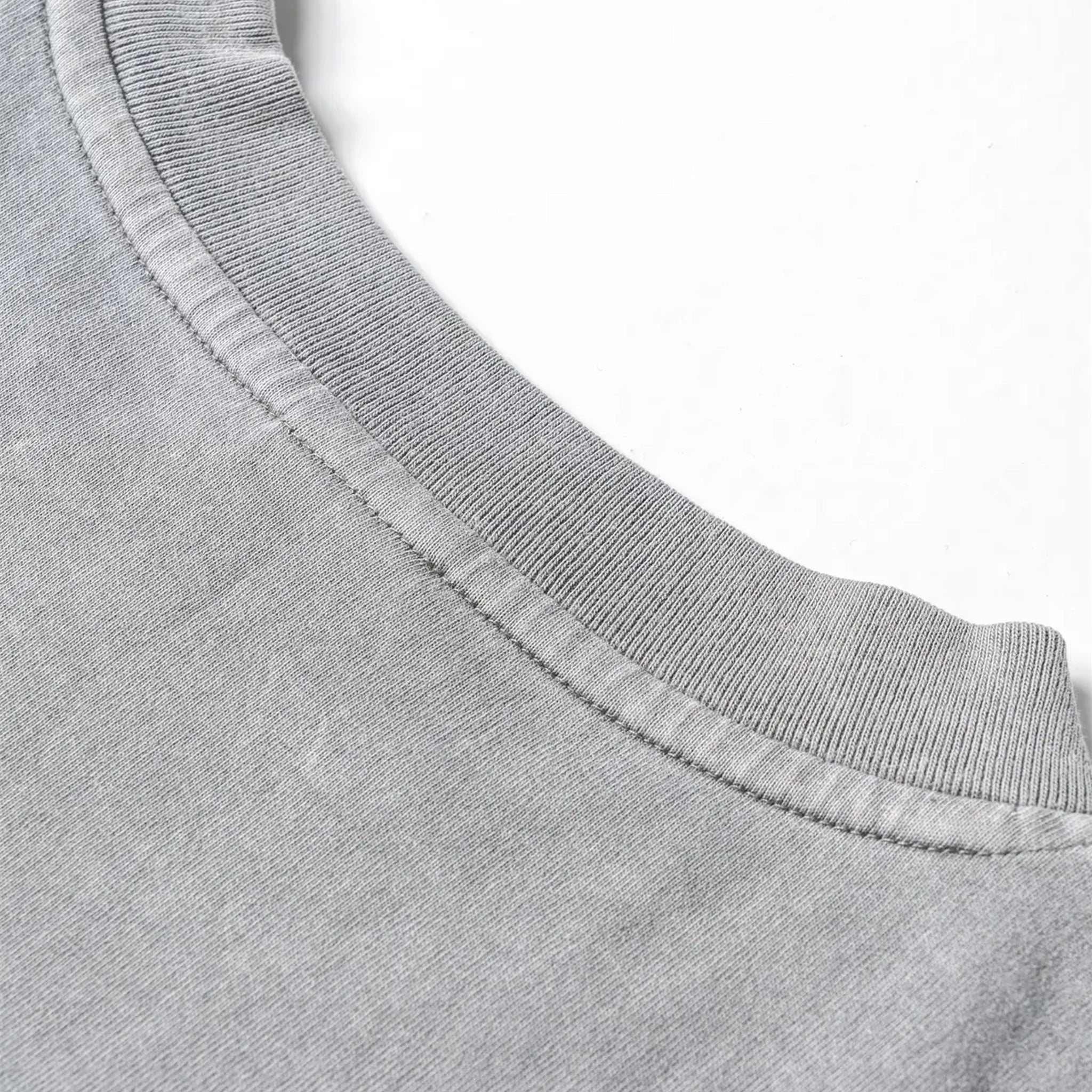 Close-up of a gray sweatshirt collar with stitching detail on a white background