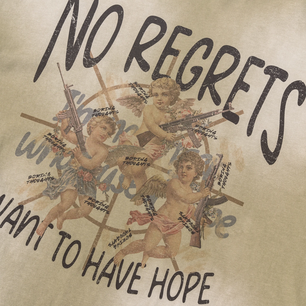 Artistic depiction of cherubs with weapons and text on a beige background