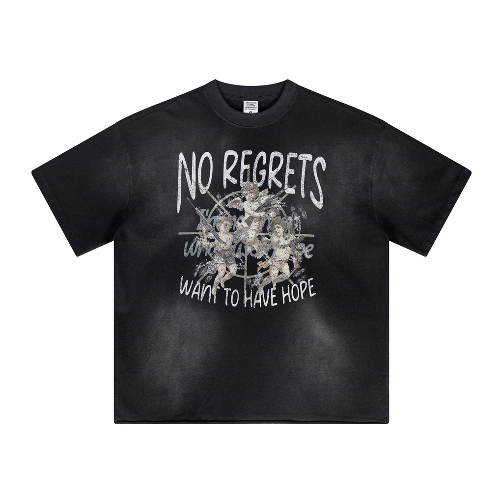 Black t-shirt with white graphic and text on a white background