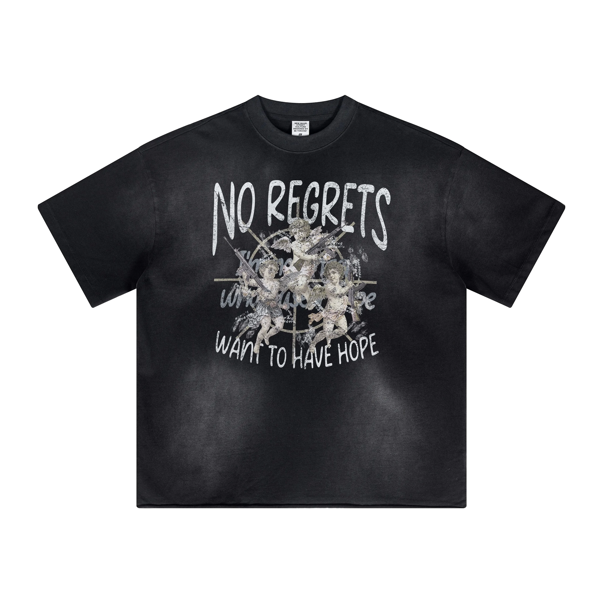 Black t-shirt with white graphic and text on a white background