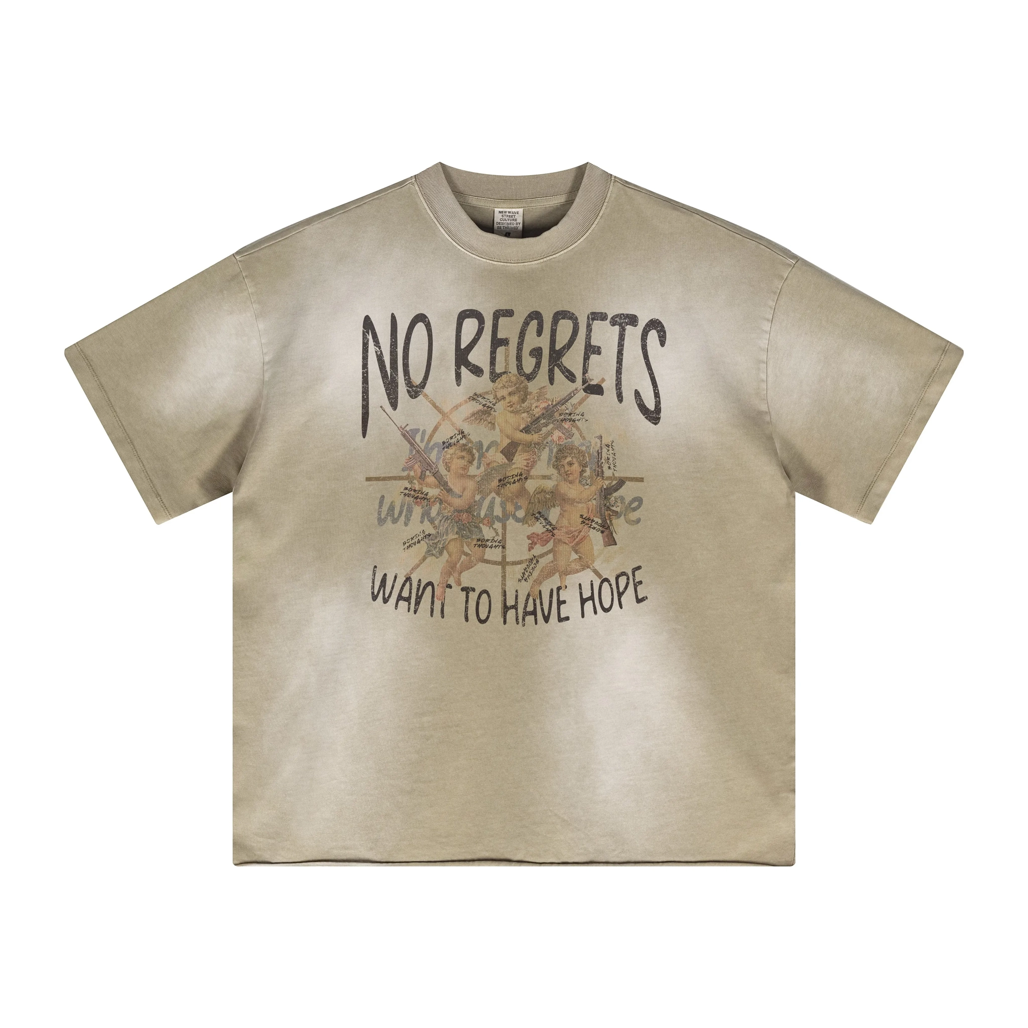 Beige t-shirt with 'No Regrets Want to Have Hope' text and graphic on a white background