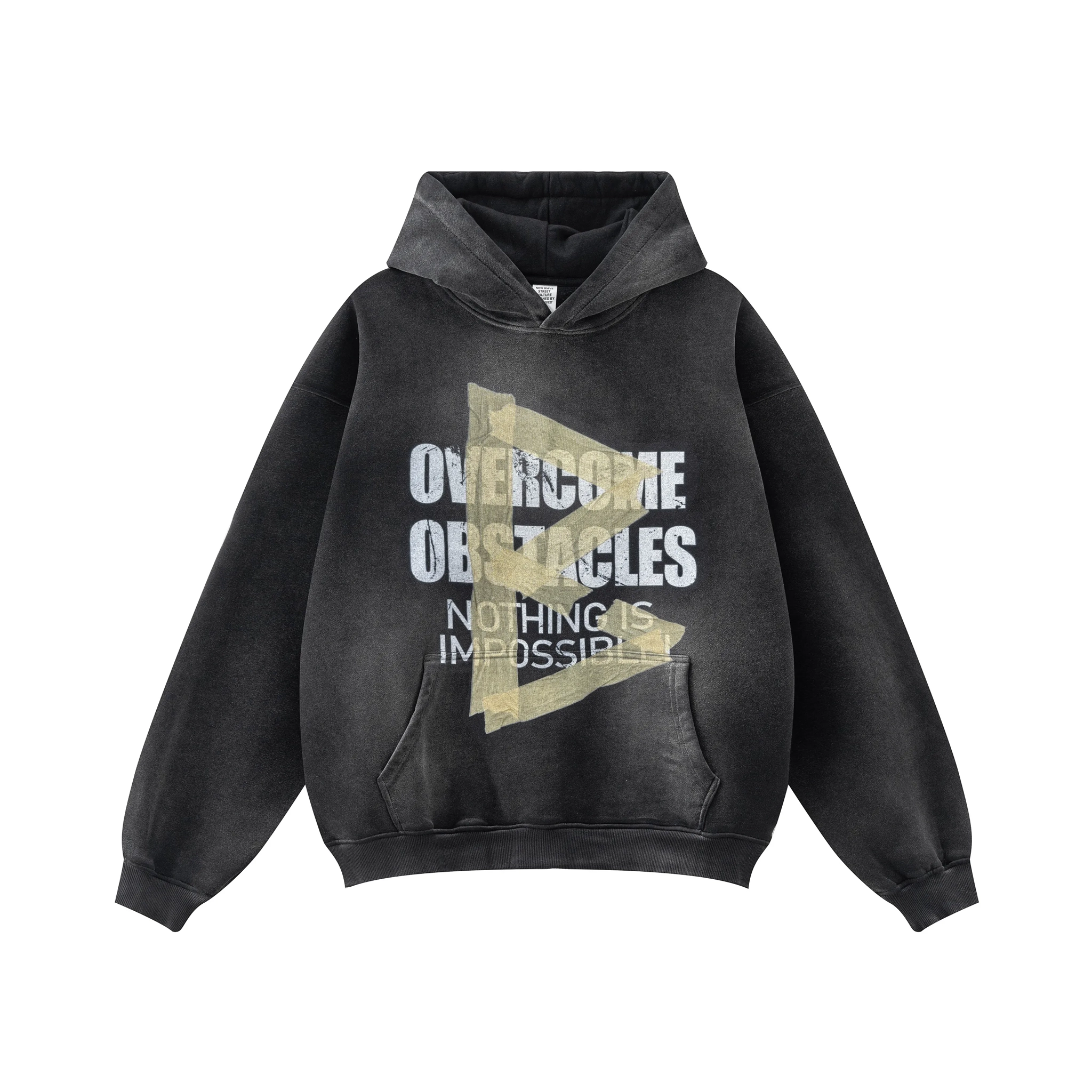 Black hoodie with motivational text and triangle design on a white background