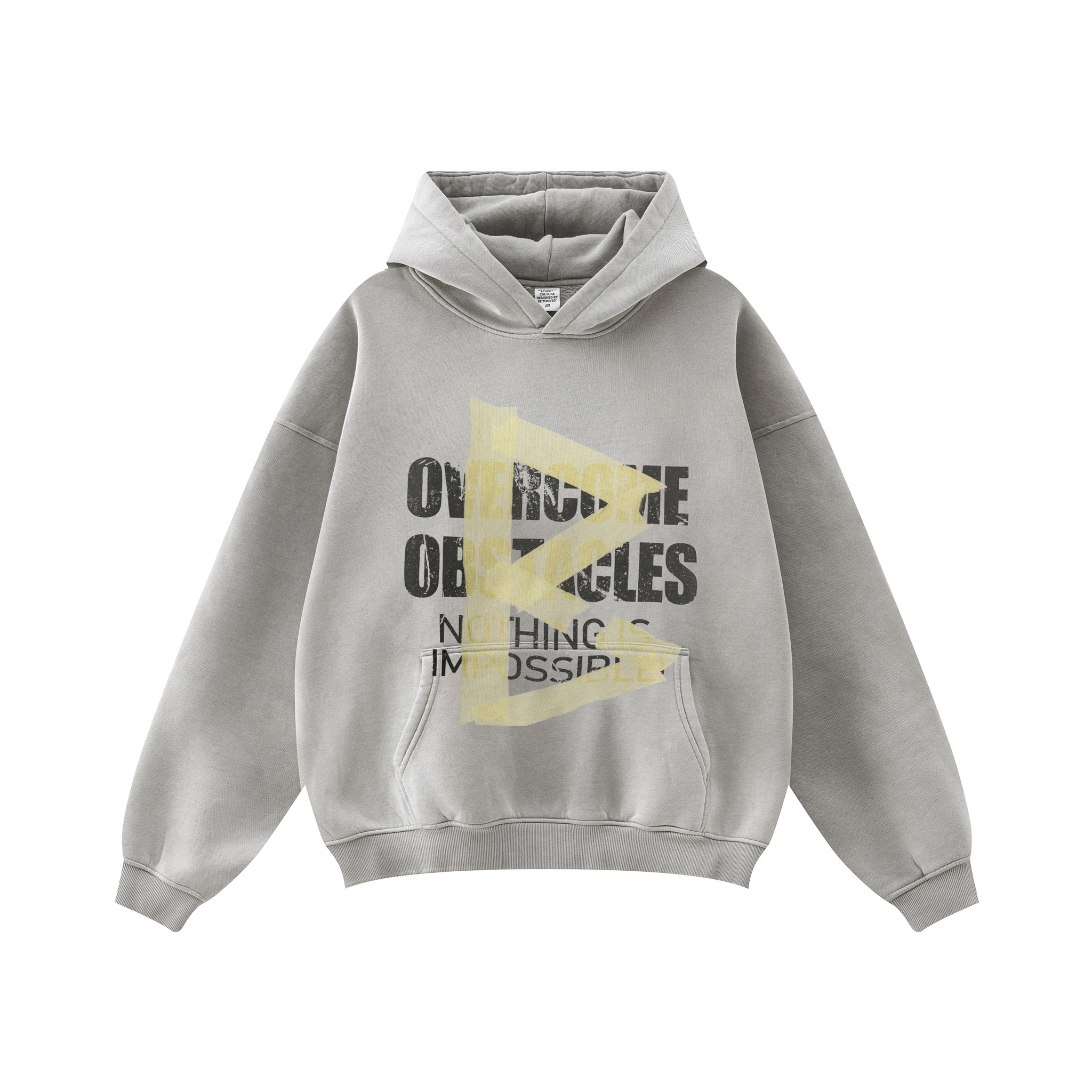 Gray hoodie with text and a yellow graphic on a white background