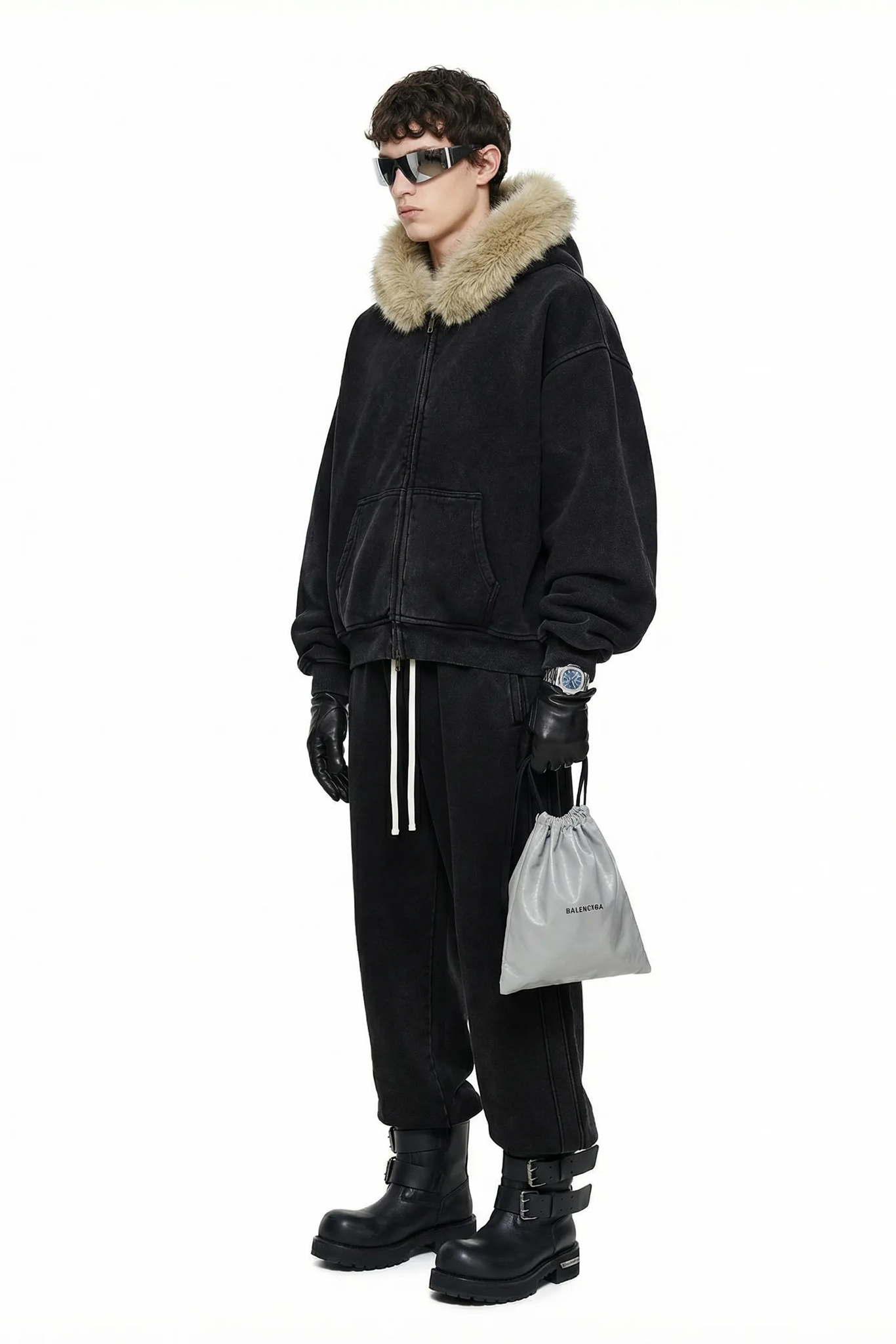 RETRO BOXY ZIP HOODIE FUR COLLAR & SNOW WASH
