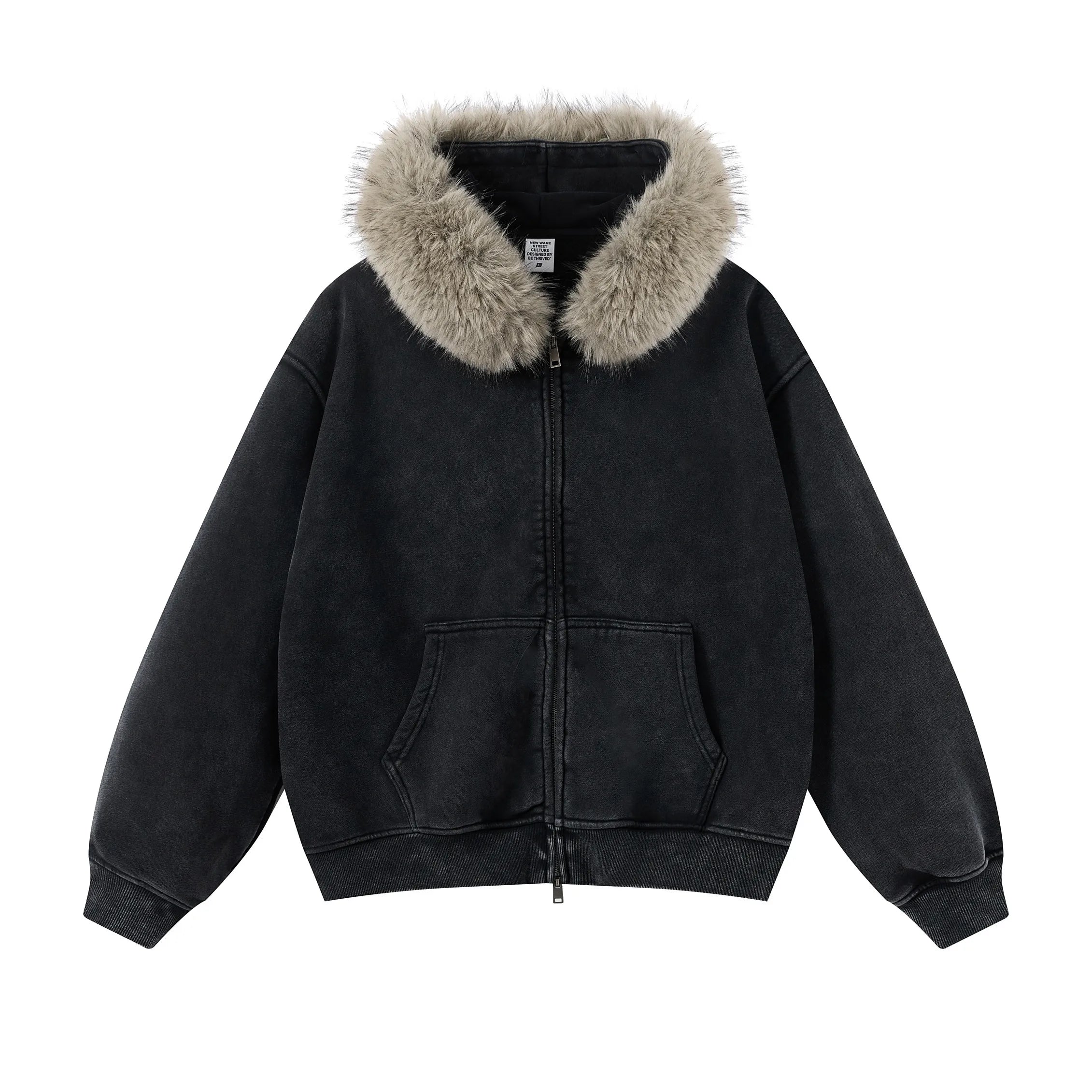 RETRO BOXY ZIP HOODIE FUR COLLAR & SNOW WASH