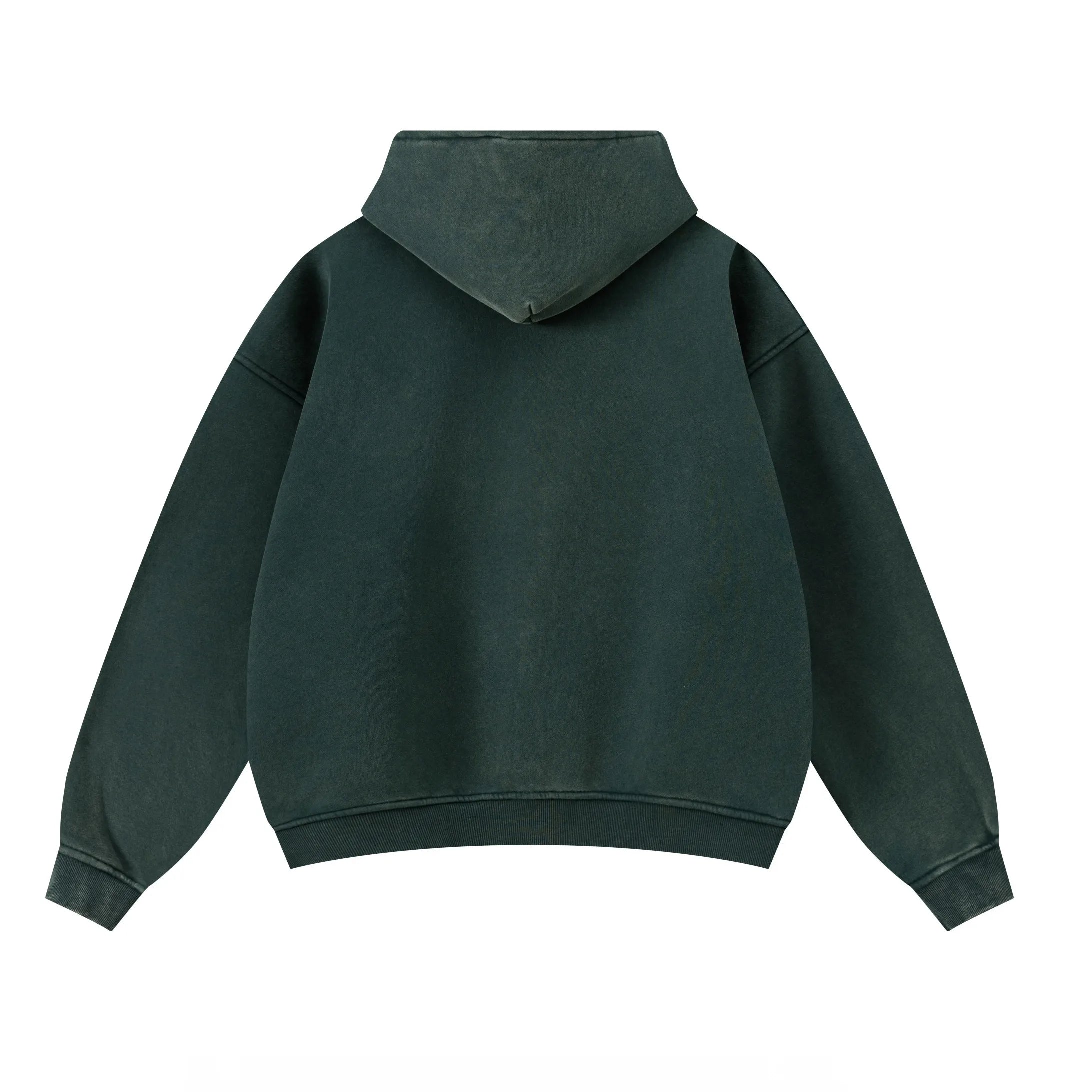 Dark green hoodie shown from the back on a white background