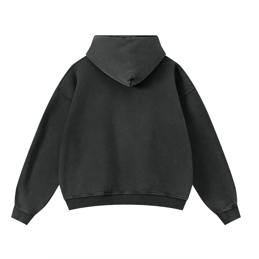 Black hoodie shown from the back on a white background