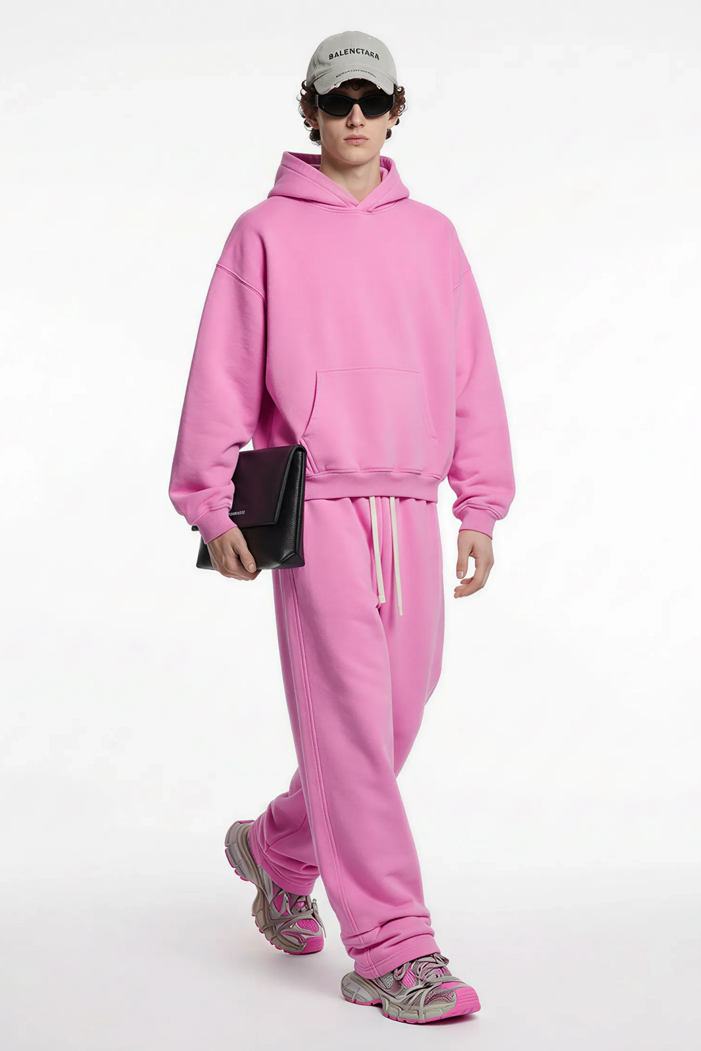 Person wearing a pink tracksuit with a white background