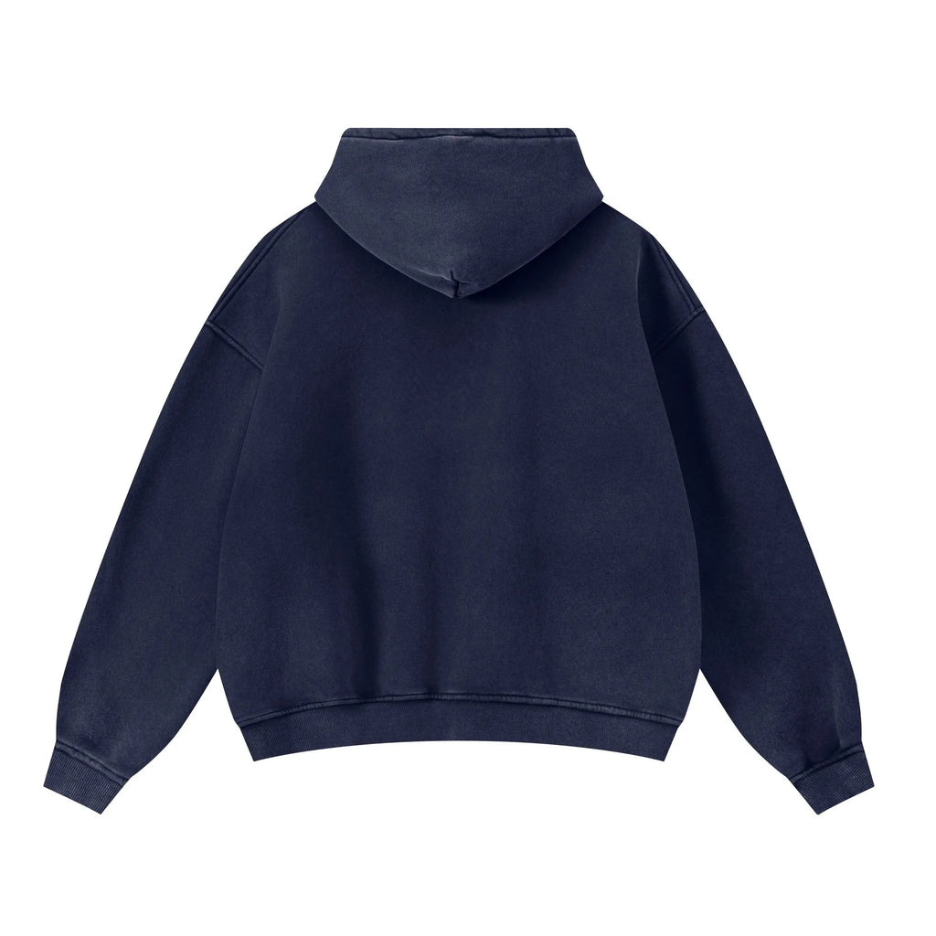 Navy blue hoodie shown from the back on a white background