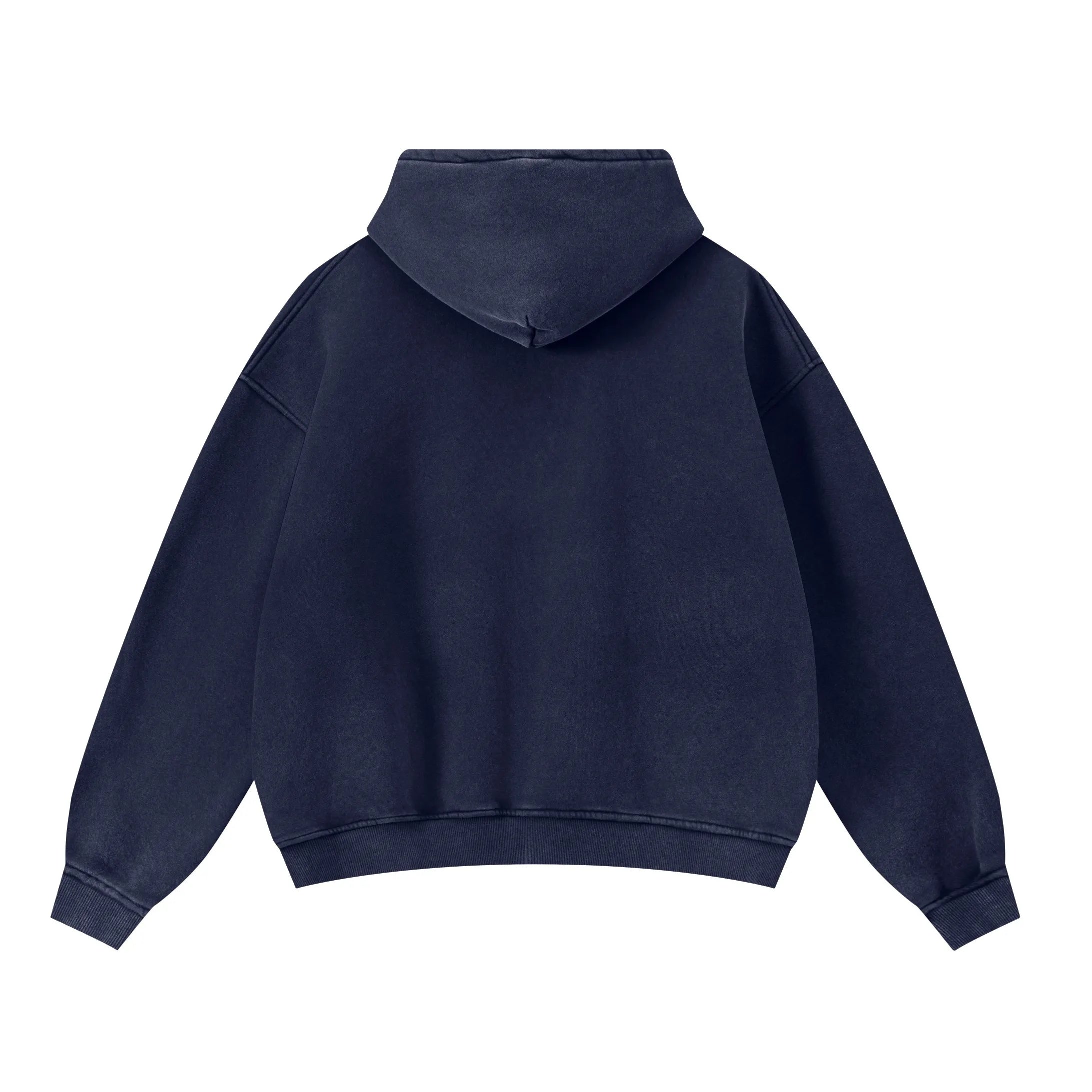 Navy blue hoodie shown from the back on a white background
