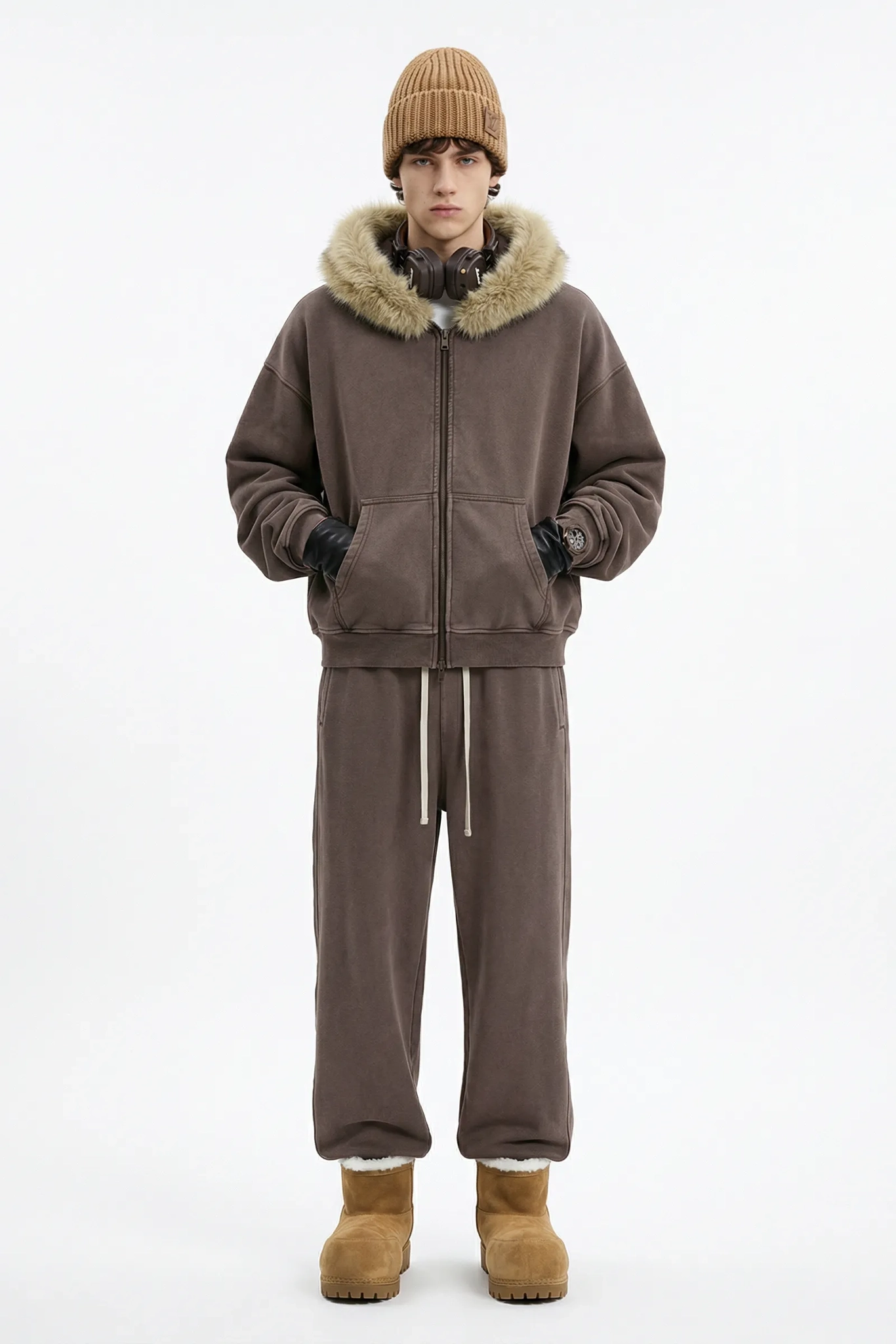 RETRO BOXY ZIP HOODIE FUR COLLAR & SNOW WASH