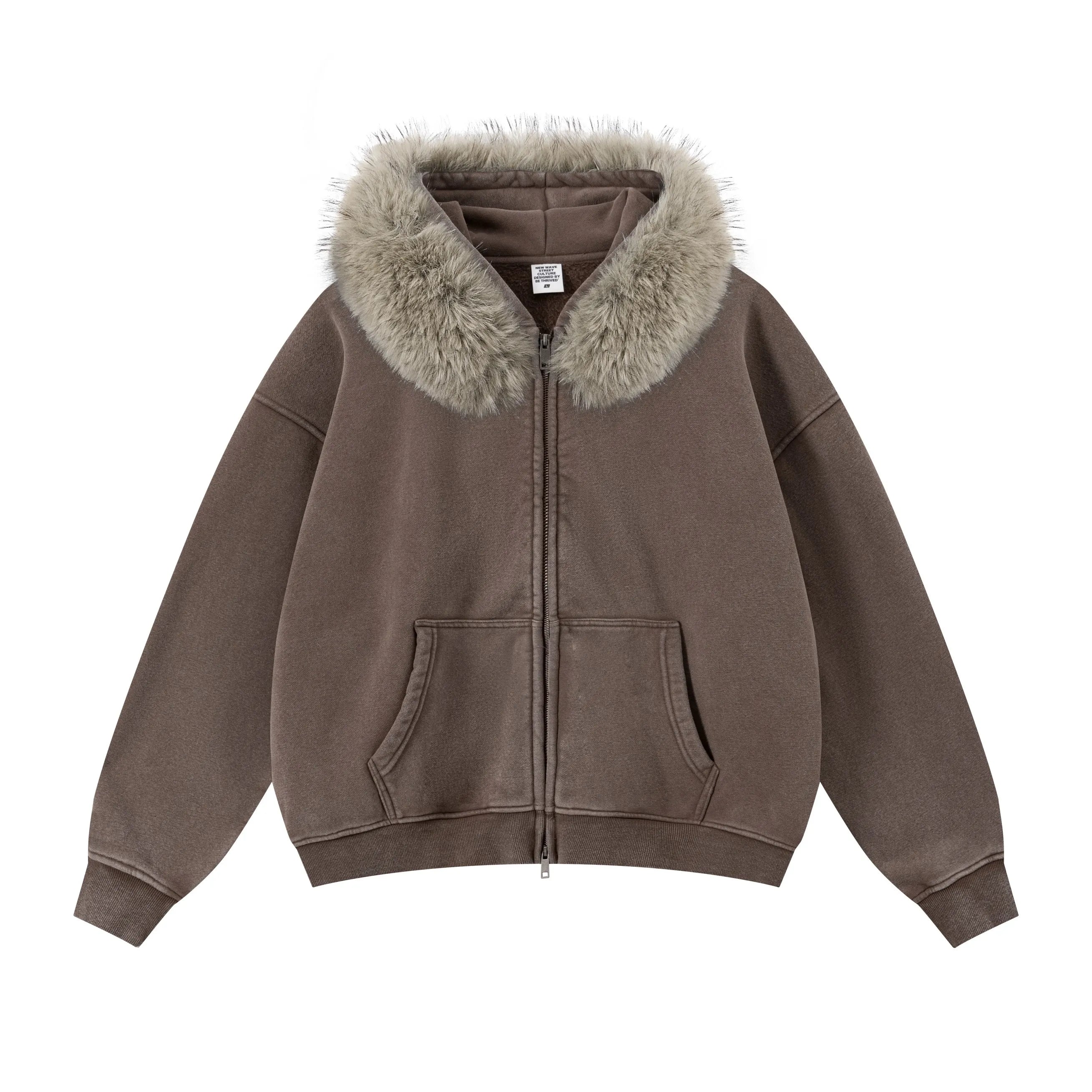 RETRO BOXY ZIP HOODIE FUR COLLAR & SNOW WASH