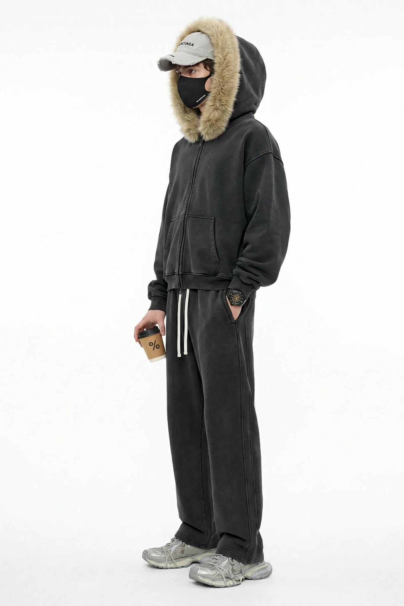 RETRO BOXY ZIP HOODIE FUR COLLAR & SNOW WASH