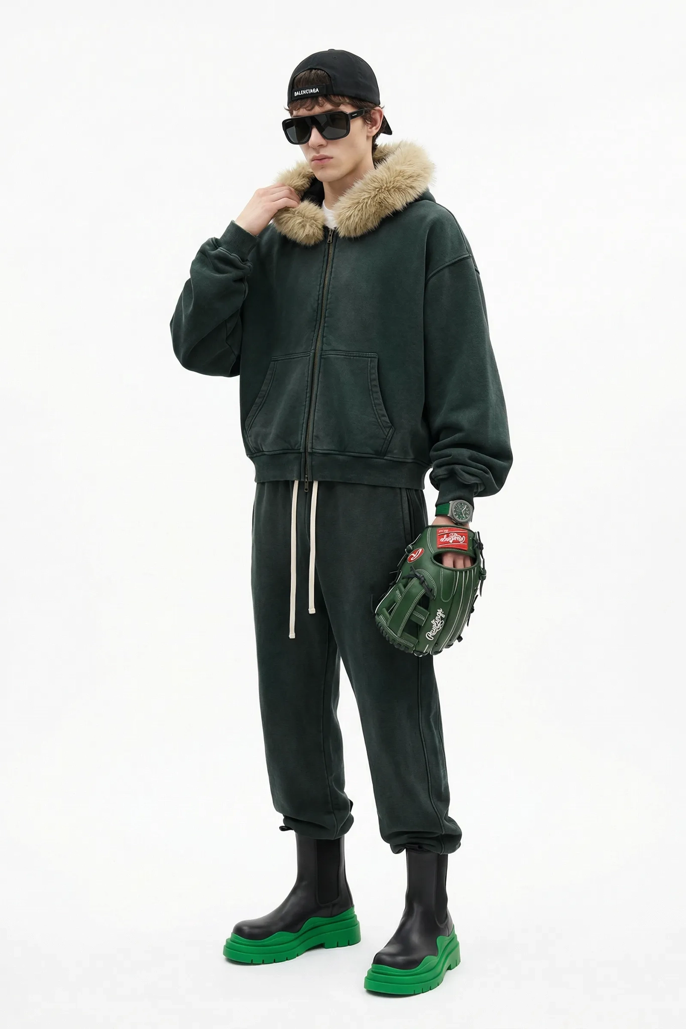 RETRO BOXY ZIP HOODIE FUR COLLAR & SNOW WASH