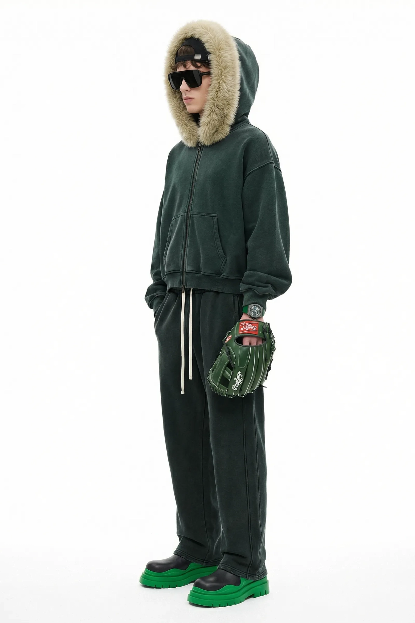 RETRO BOXY ZIP HOODIE FUR COLLAR & SNOW WASH