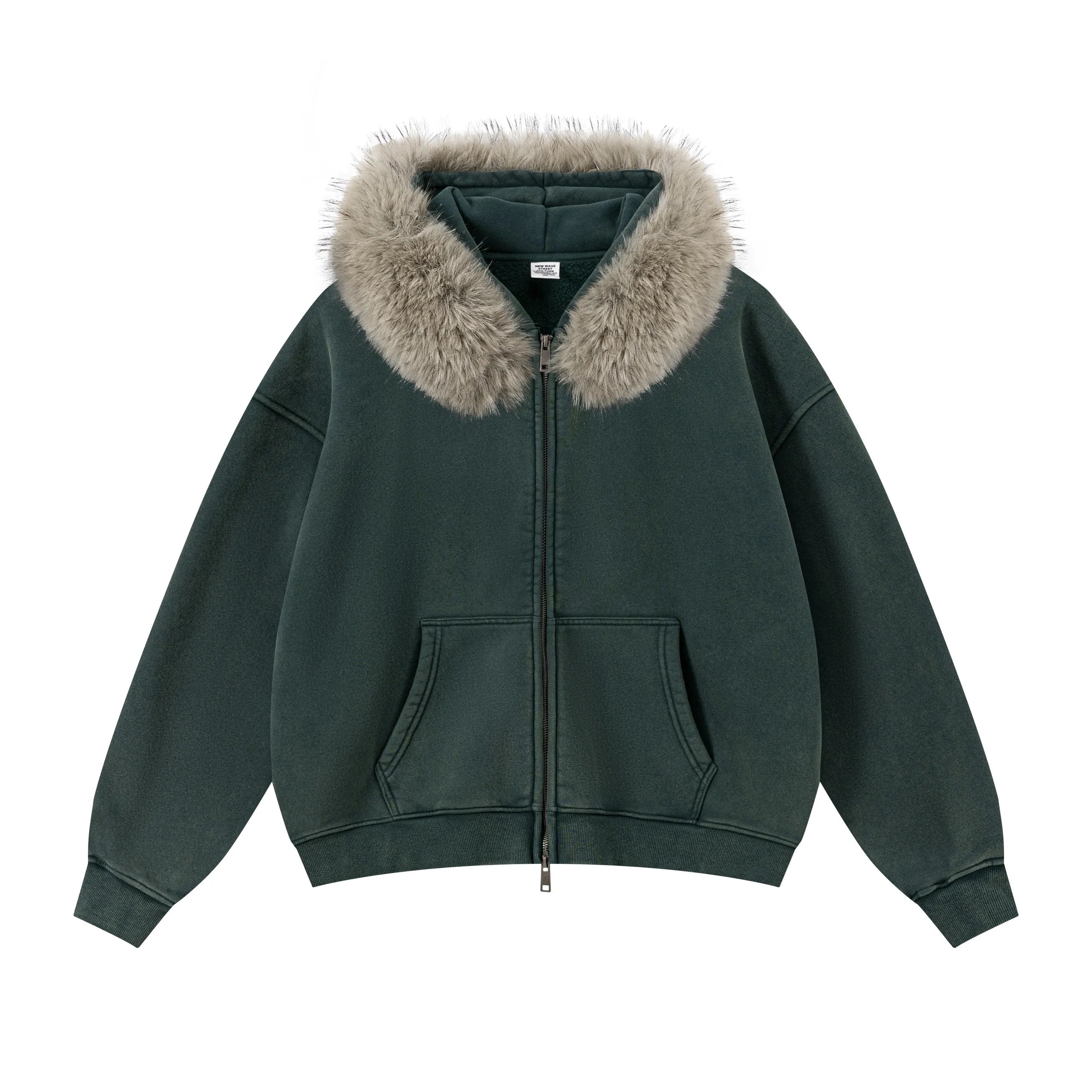 RETRO BOXY ZIP HOODIE FUR COLLAR & SNOW WASH