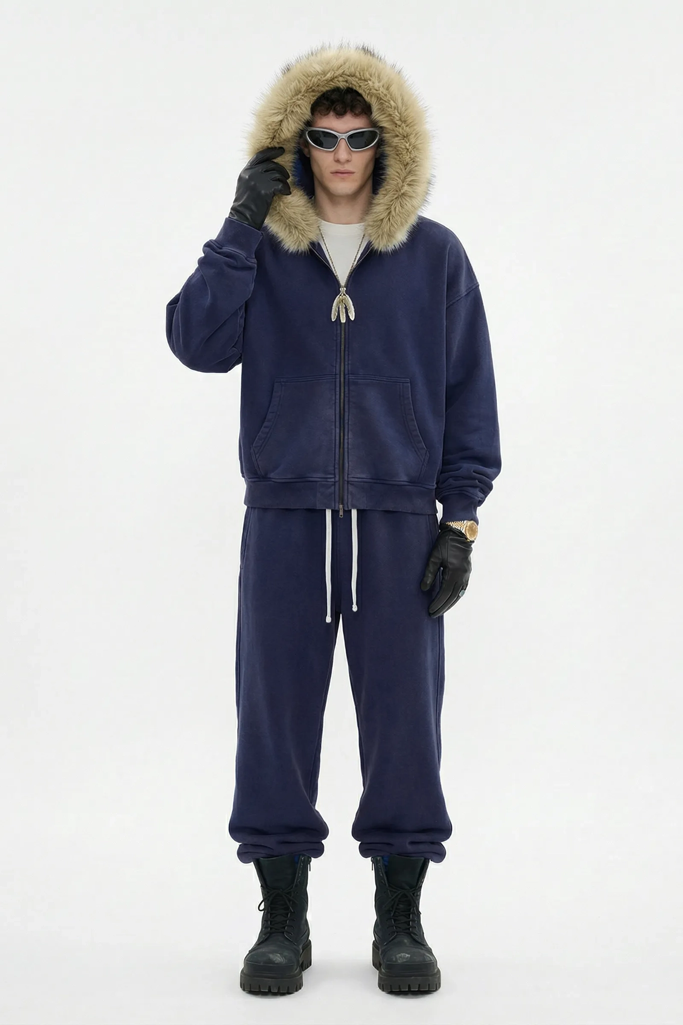 RETRO BOXY ZIP HOODIE FUR COLLAR & SNOW WASH