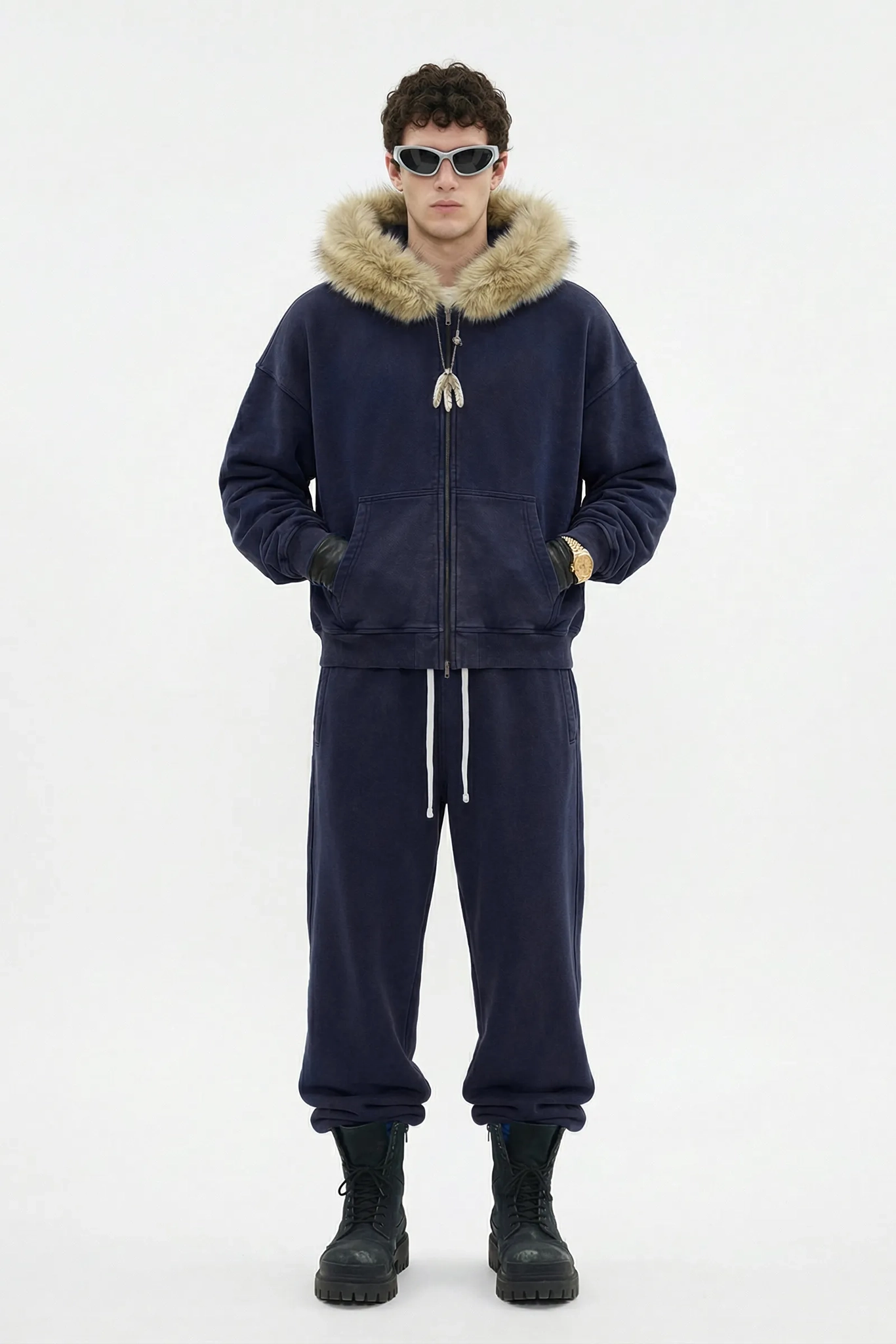 RETRO BOXY ZIP HOODIE FUR COLLAR & SNOW WASH