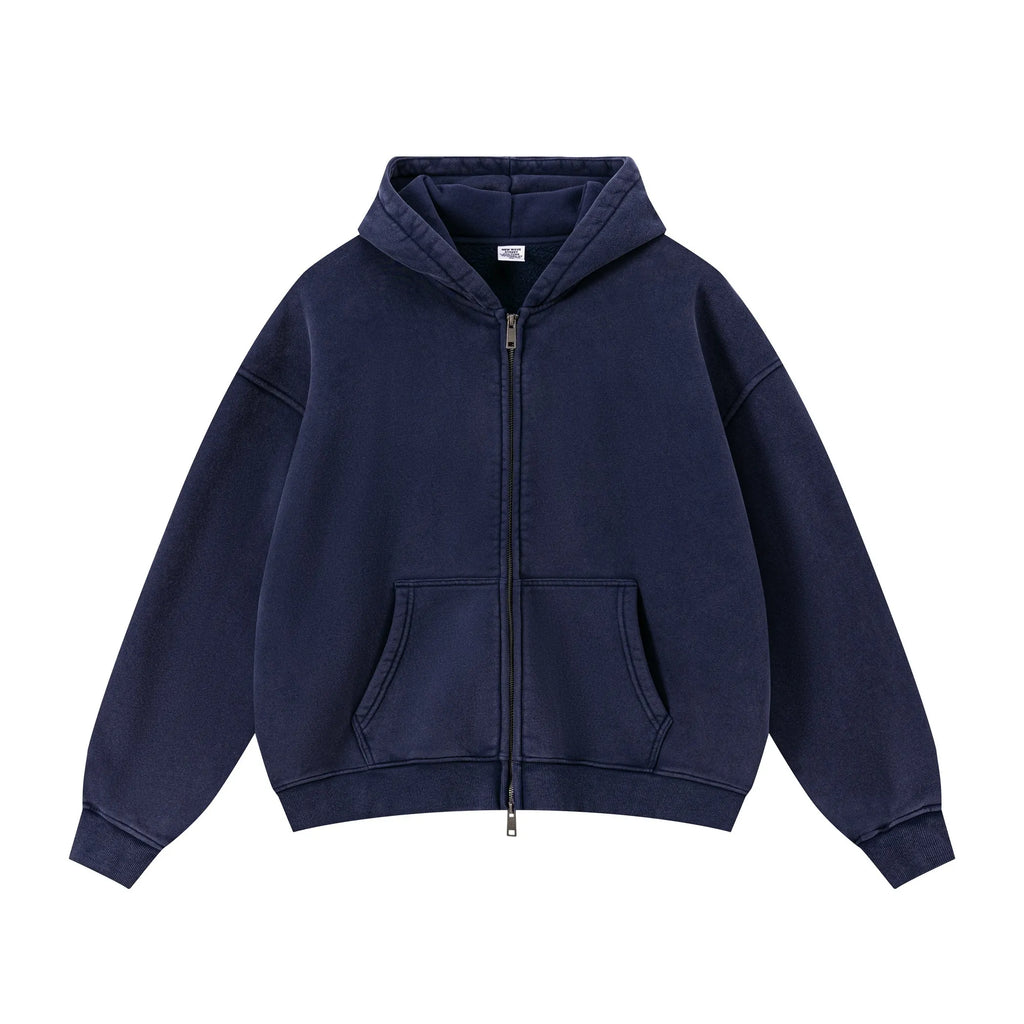 Navy blue hoodie with a zipper on a white background