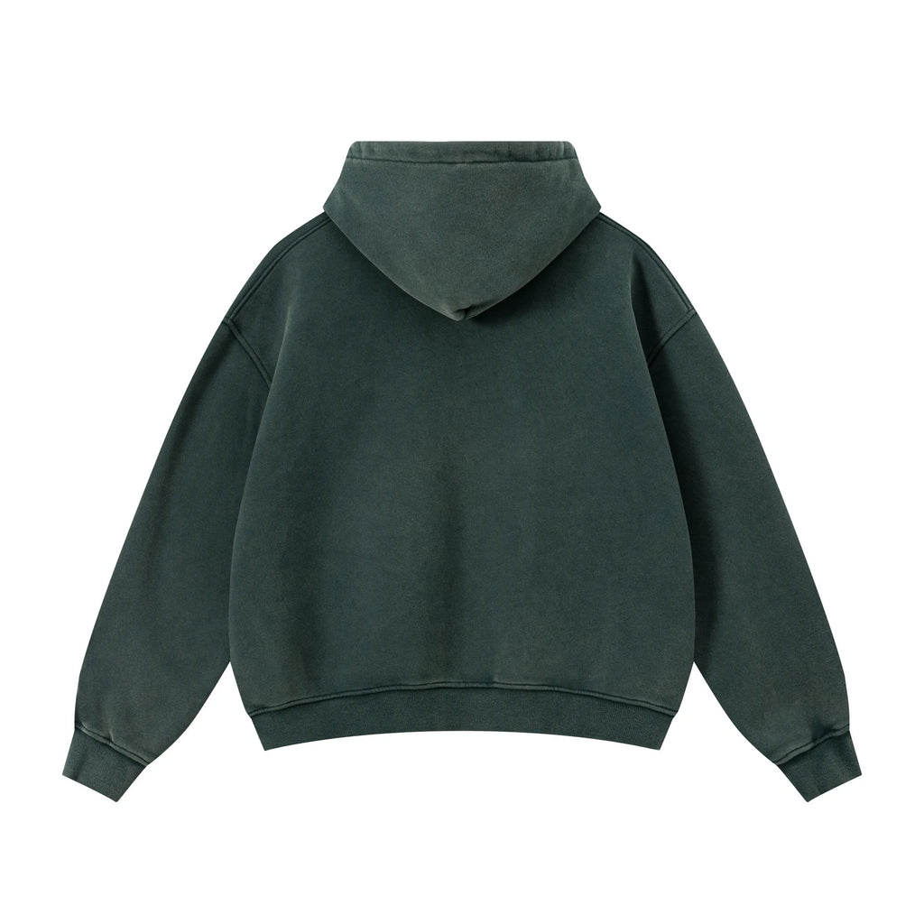 Dark green hoodie shown from the back on a white background