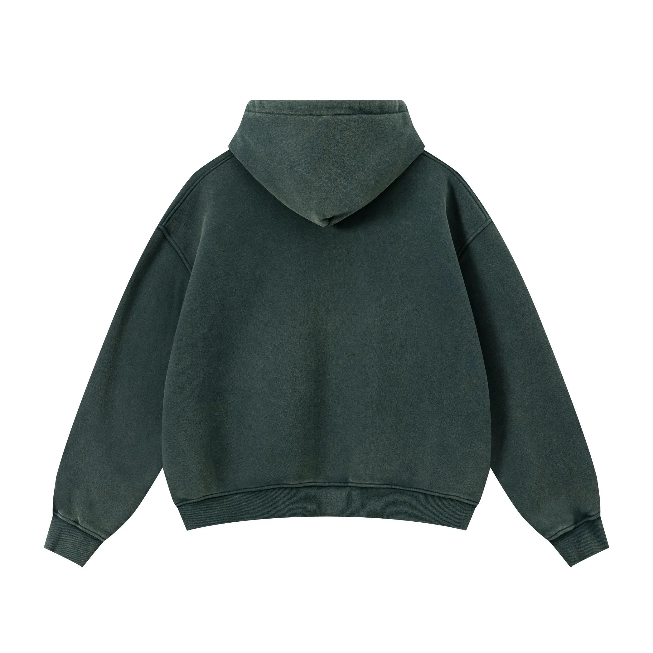 Dark green hoodie shown from the back on a white background