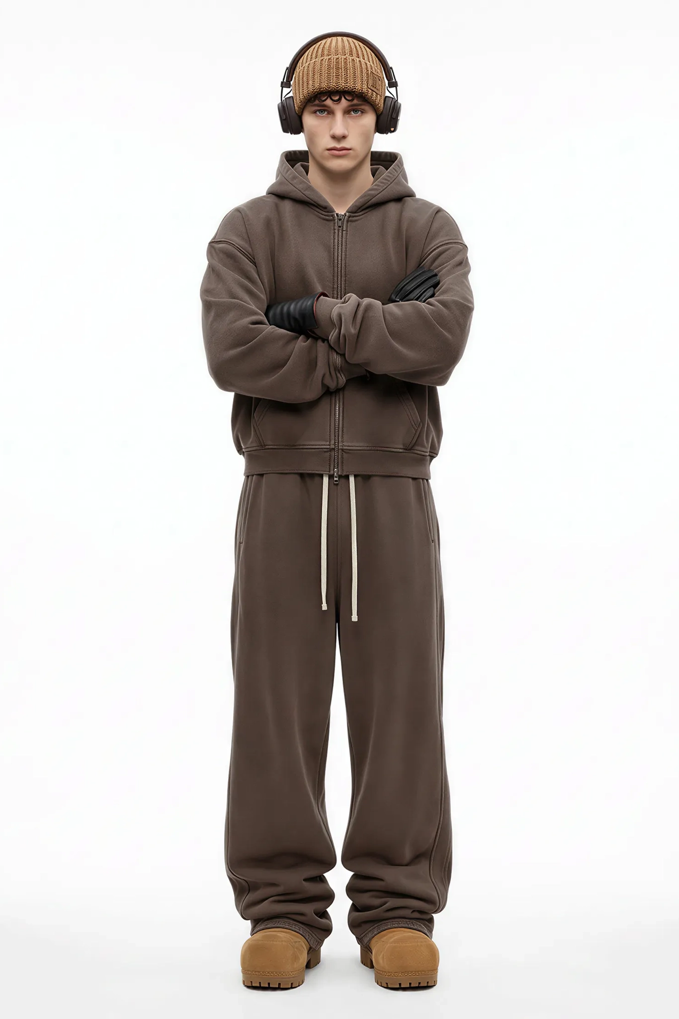Person wearing a brown hoodie and pants with a beanie and gloves on a white background
