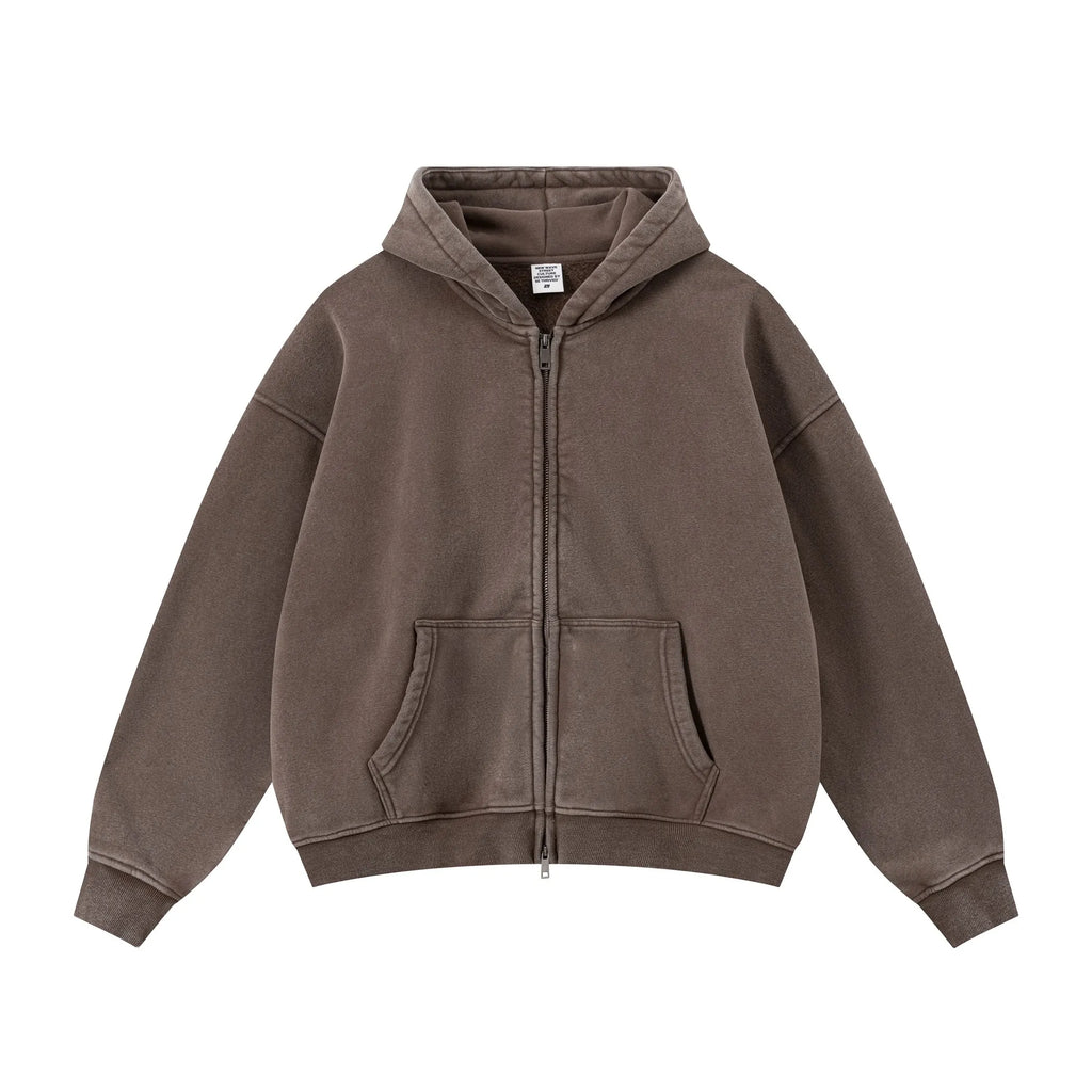 Brown hoodie with a zipper on a white background