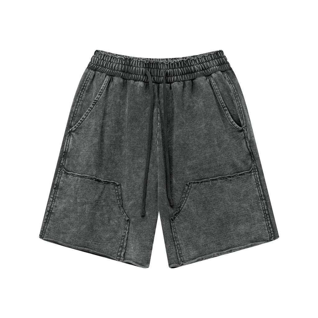 Gray denim shorts on a white background