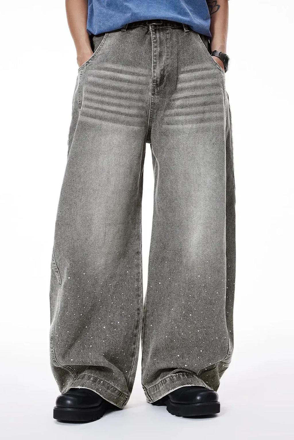 NEW WAVE RHINESTONE WASHED BARREL BAGGYJEAN