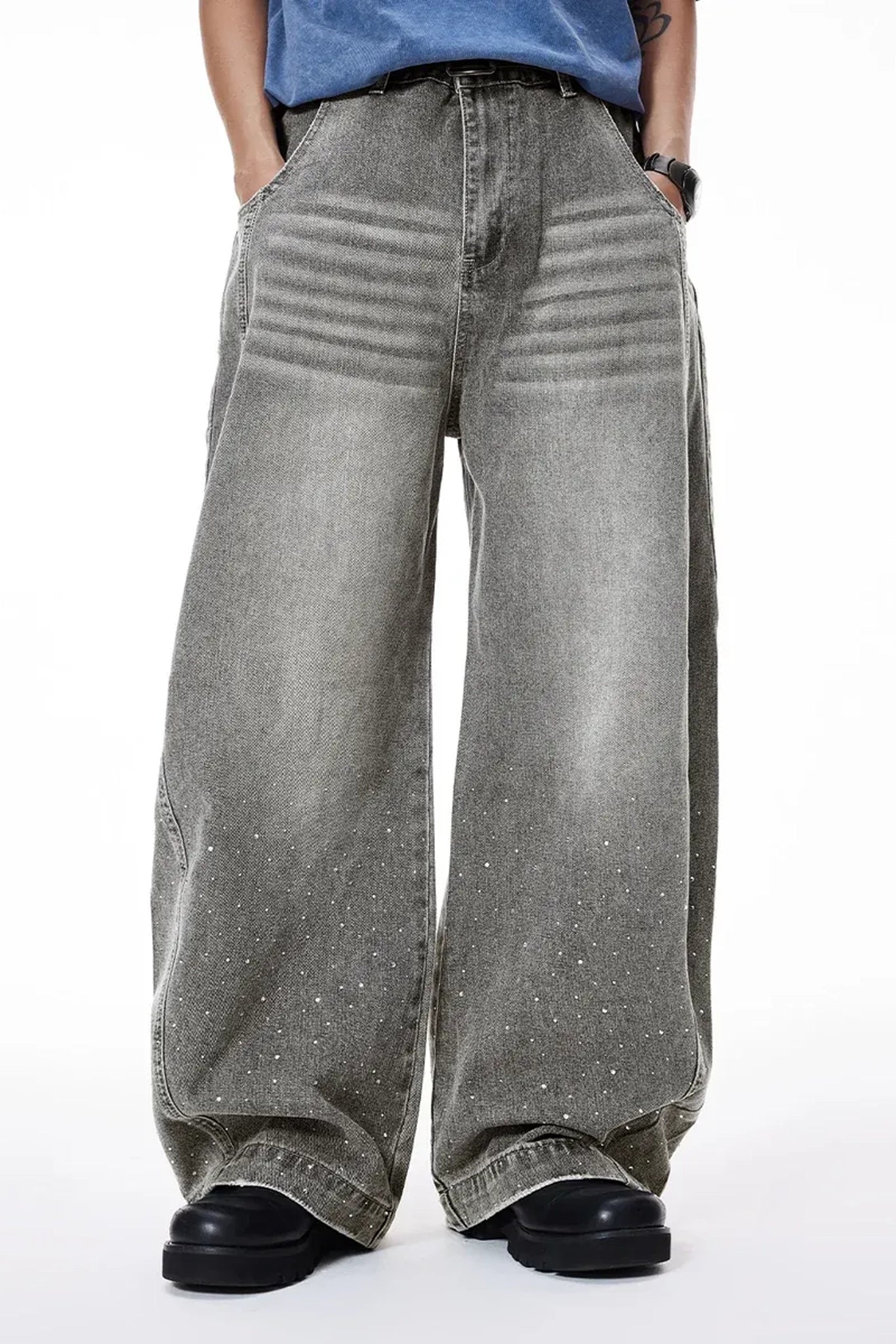 NEW WAVE RHINESTONE WASHED BARREL BAGGYJEAN