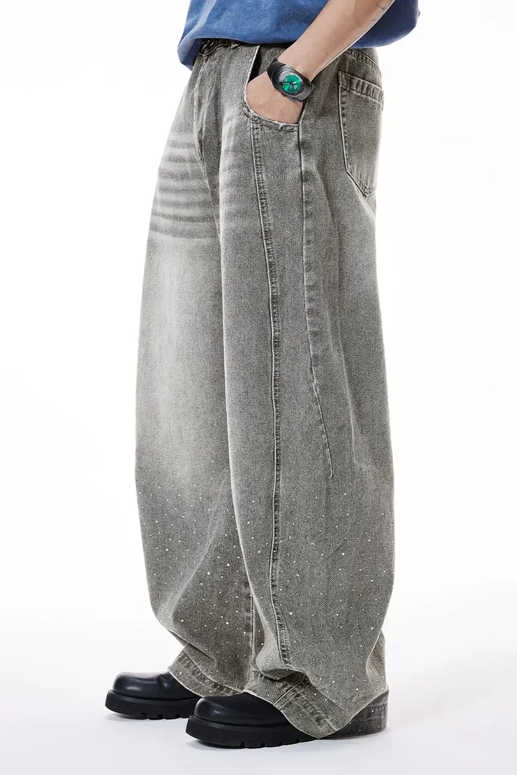 NEW WAVE RHINESTONE WASHED BARREL BAGGYJEAN