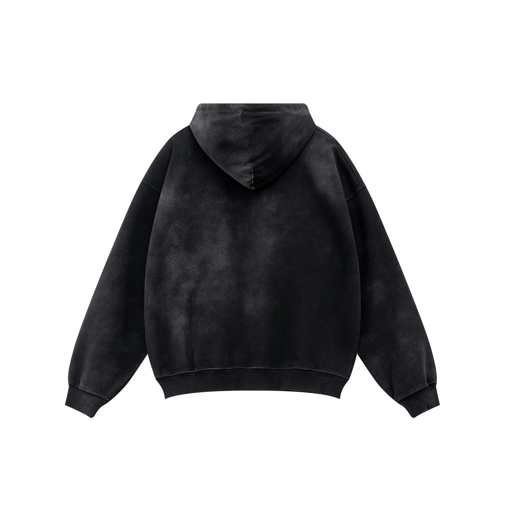Black hoodie shown from the back on a white background