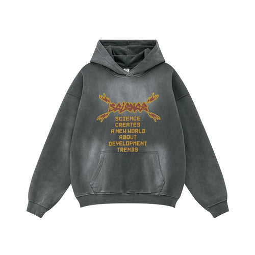 Gray hoodie with yellow text and design on a white background