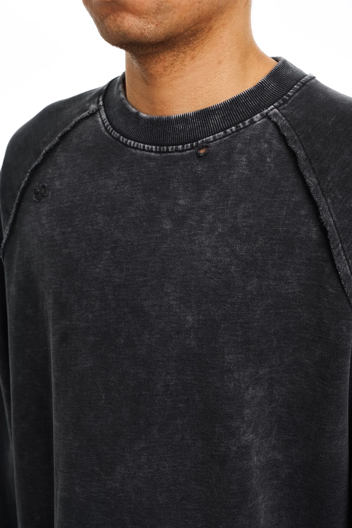 Close-up of a dark gray sweatshirt with a textured finish