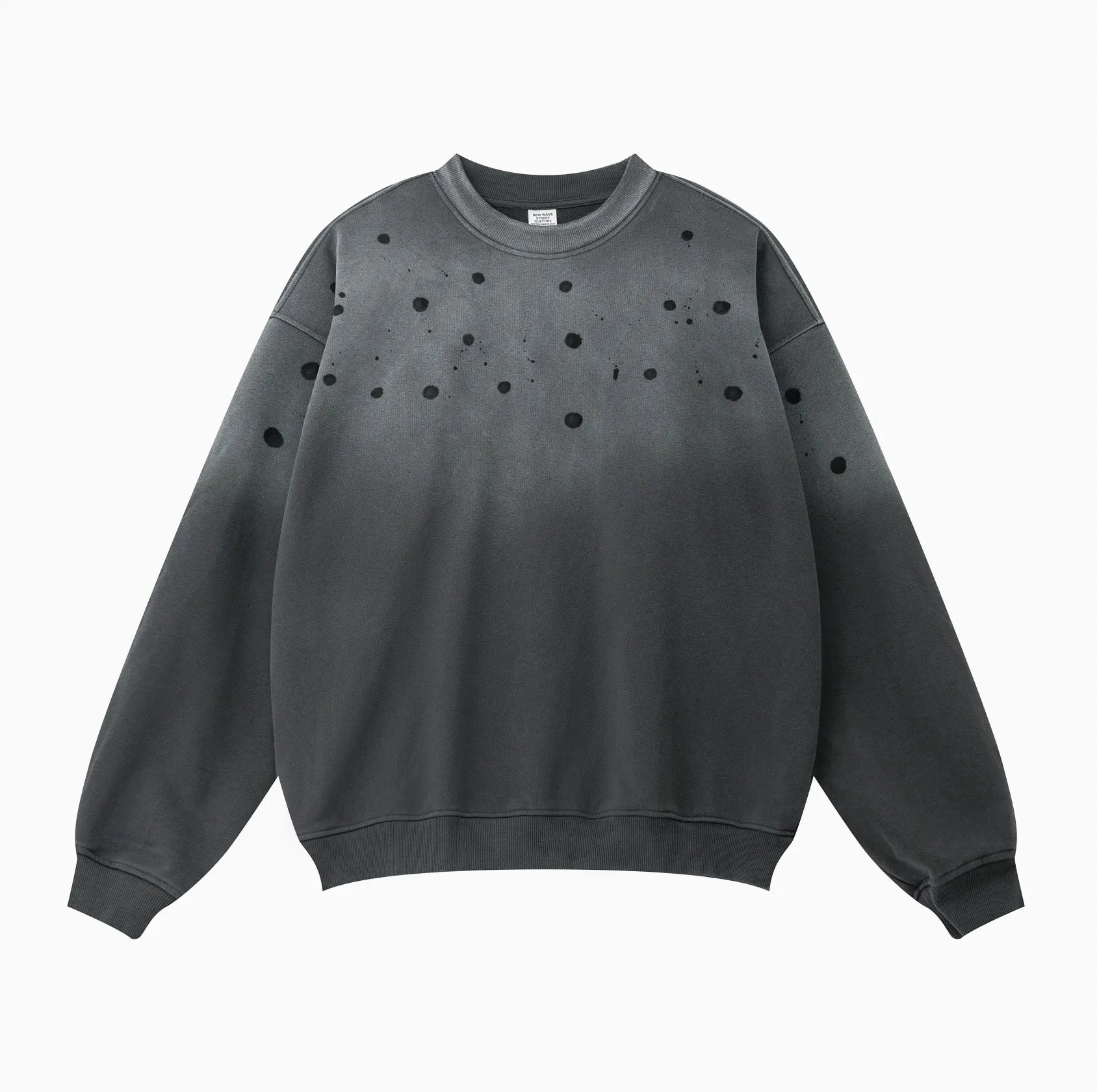 Gray sweatshirt with black dot pattern on a white background