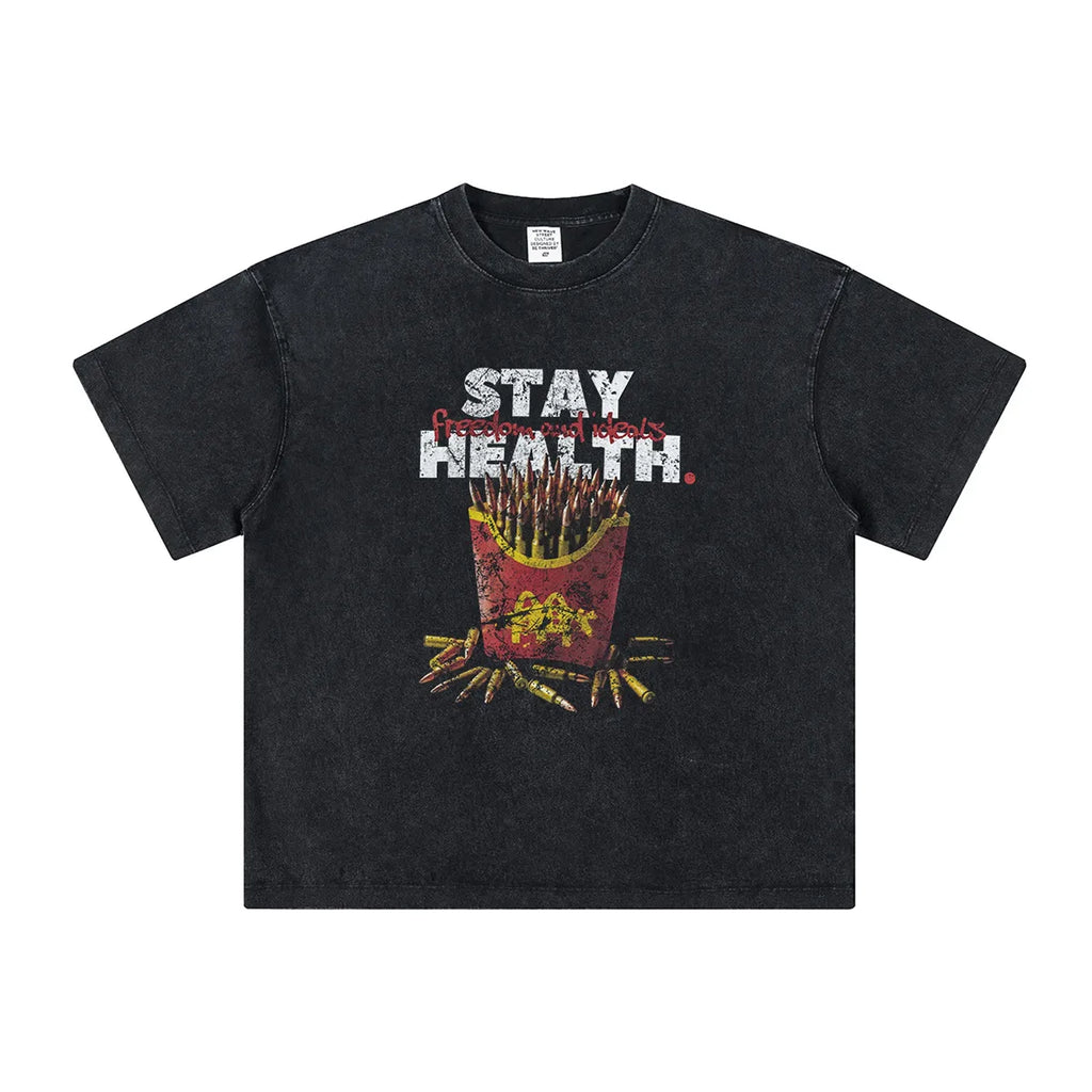 Black t-shirt with graphic design and text 'Stay Health' on a white background