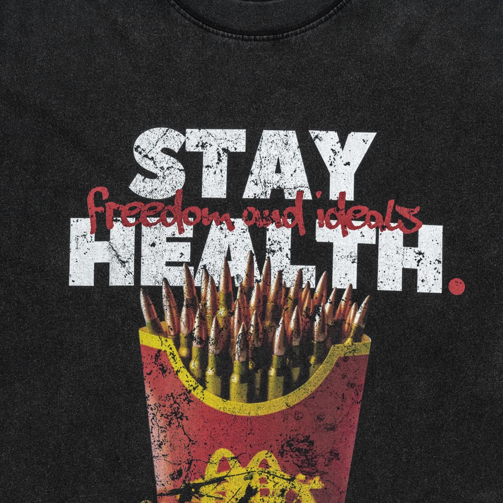 Black t-shirt with a graphic of a cup filled with bullets and text 'Stay Freedom and ideals Health'.